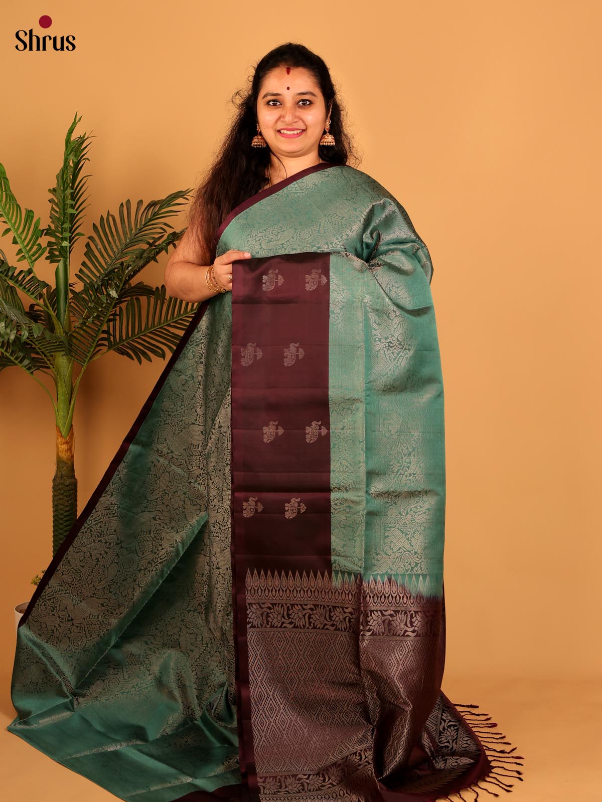 Lush Green Soft Silk Saree With Vana Shigaram Zari Brocade, Brown Border & Pallu - Shop on Shrus.com