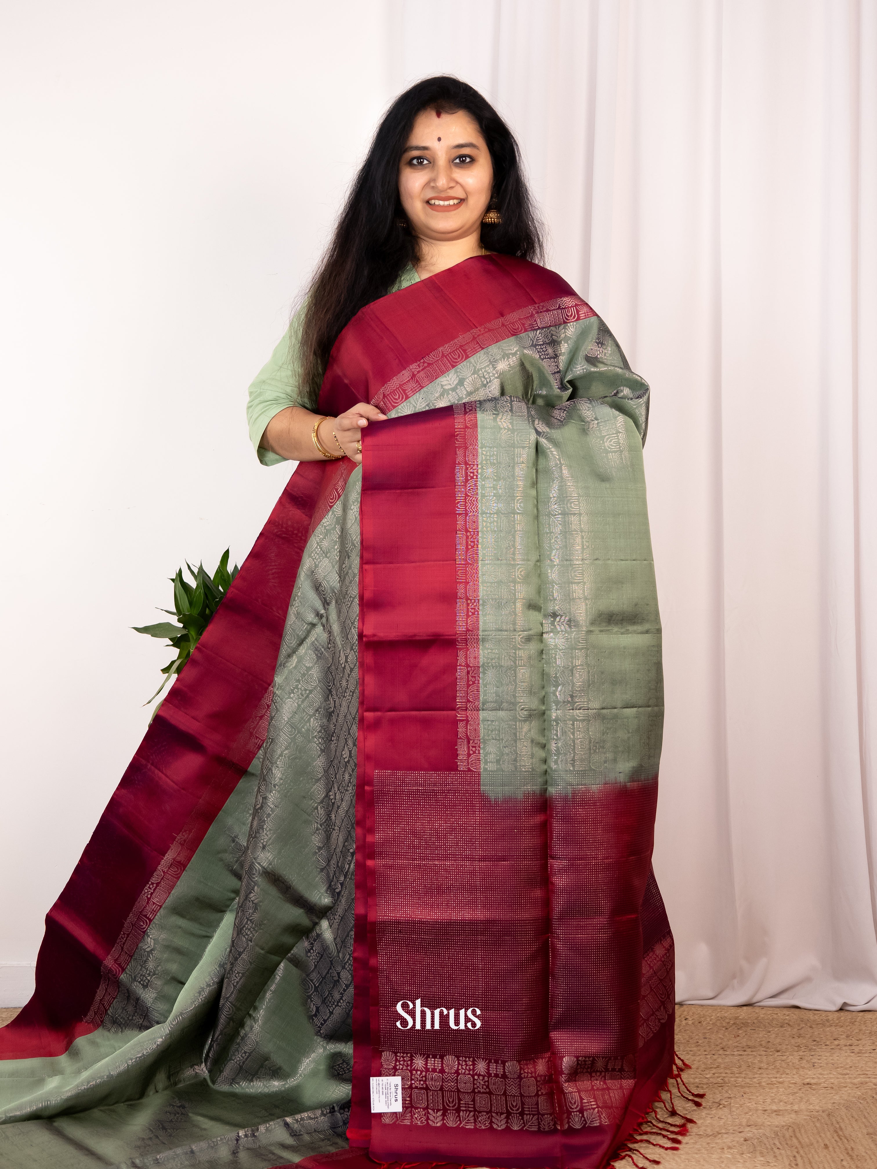 Green & Maroon- Soft Silk Saree - Shop on Shrus.com