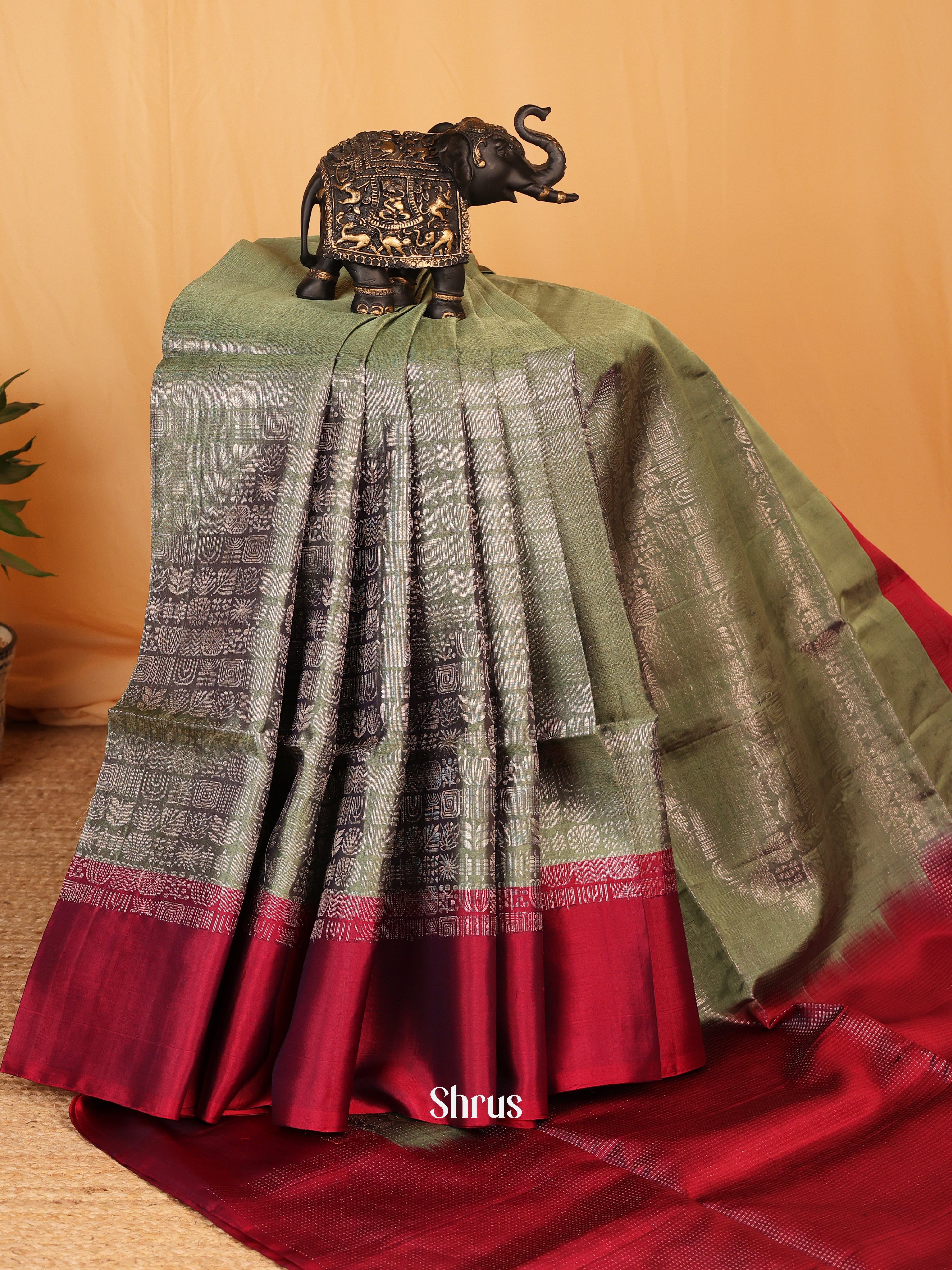 Green & Maroon- Soft Silk Saree - Shop on Shrus.com
