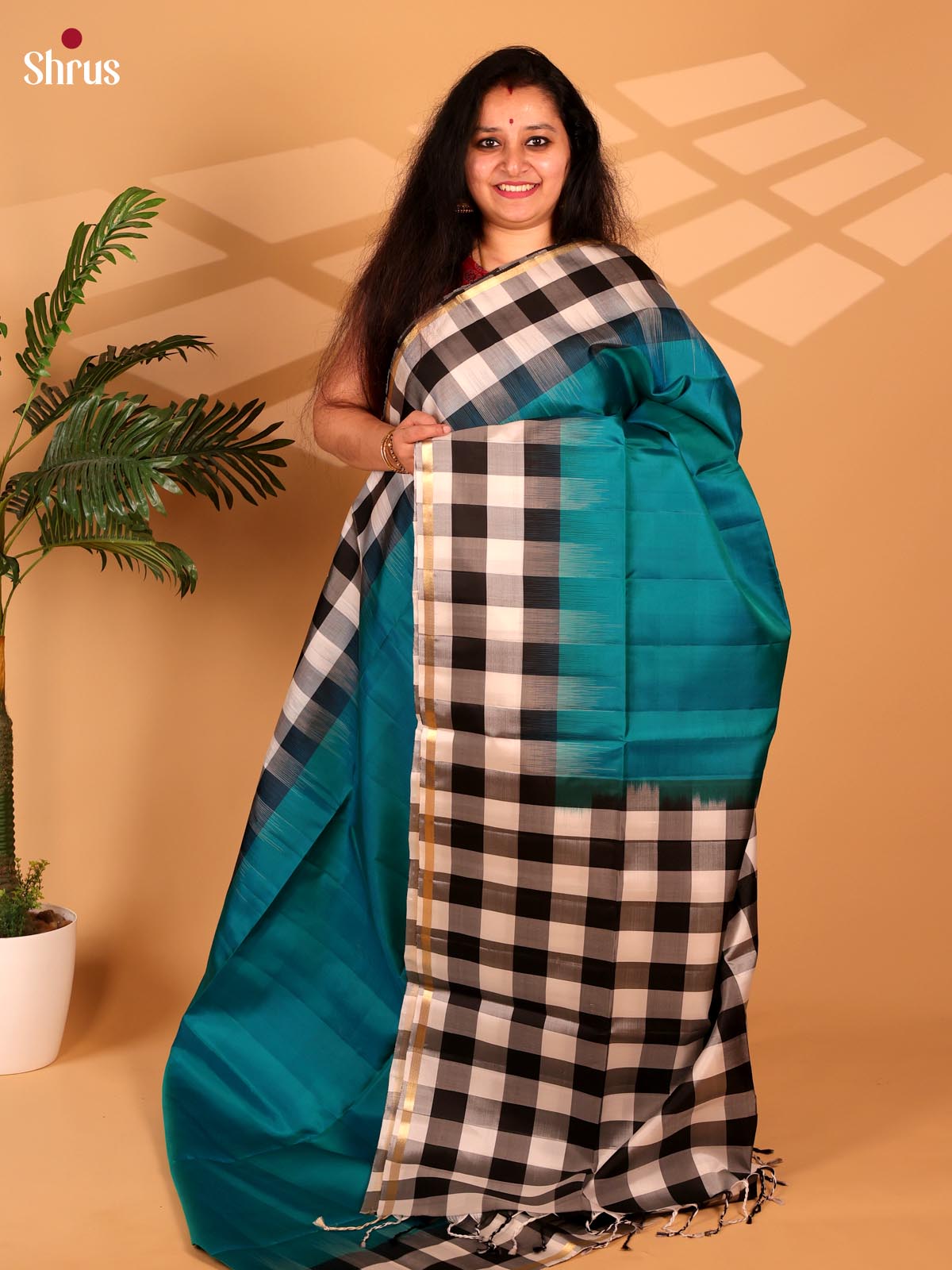 Peacock Blue & Black - Soft Silk Saree - Shop on Shrus.com