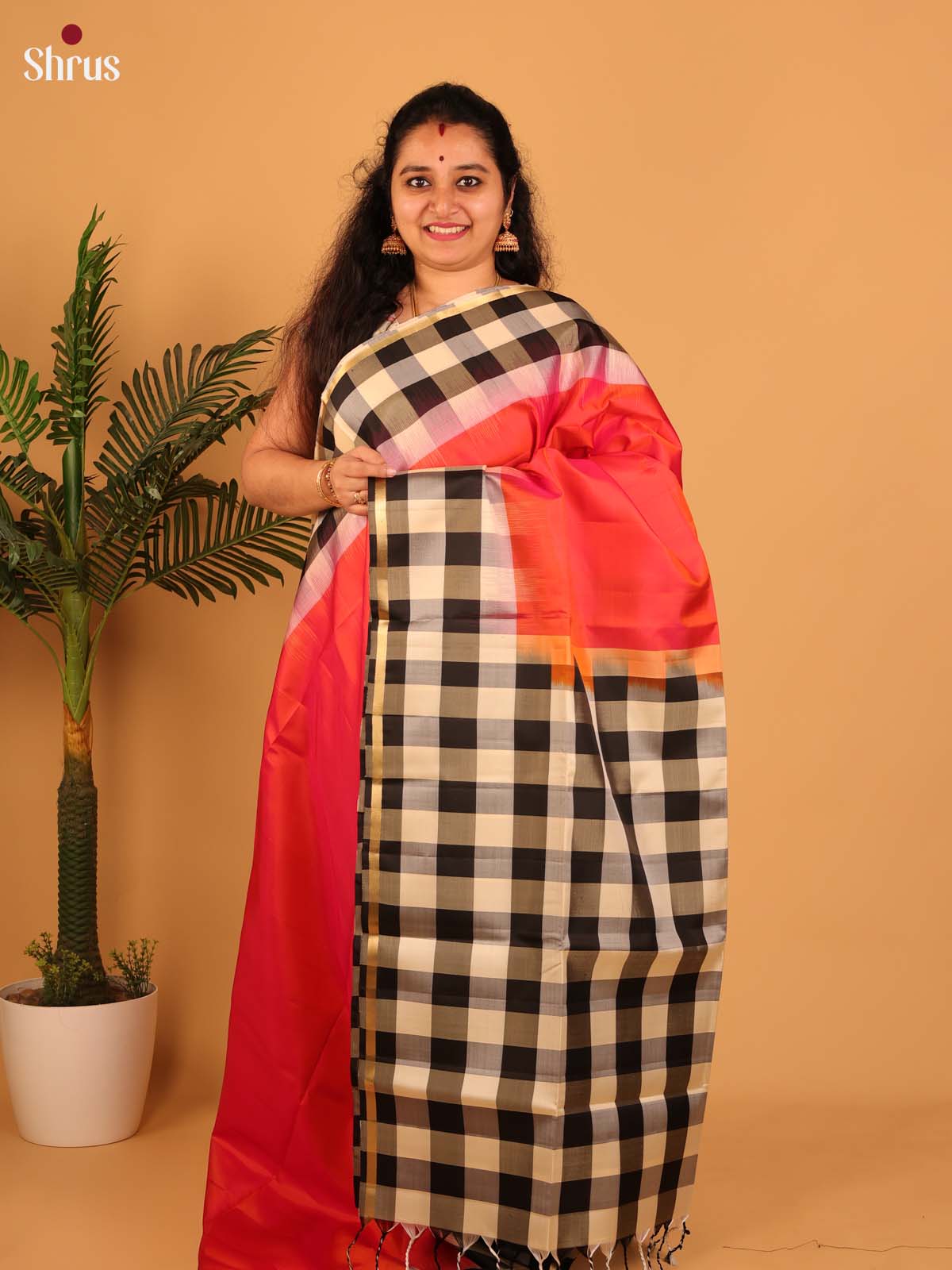 Orangish Pink & Black - Soft Silk Saree - Shop on Shrus.com