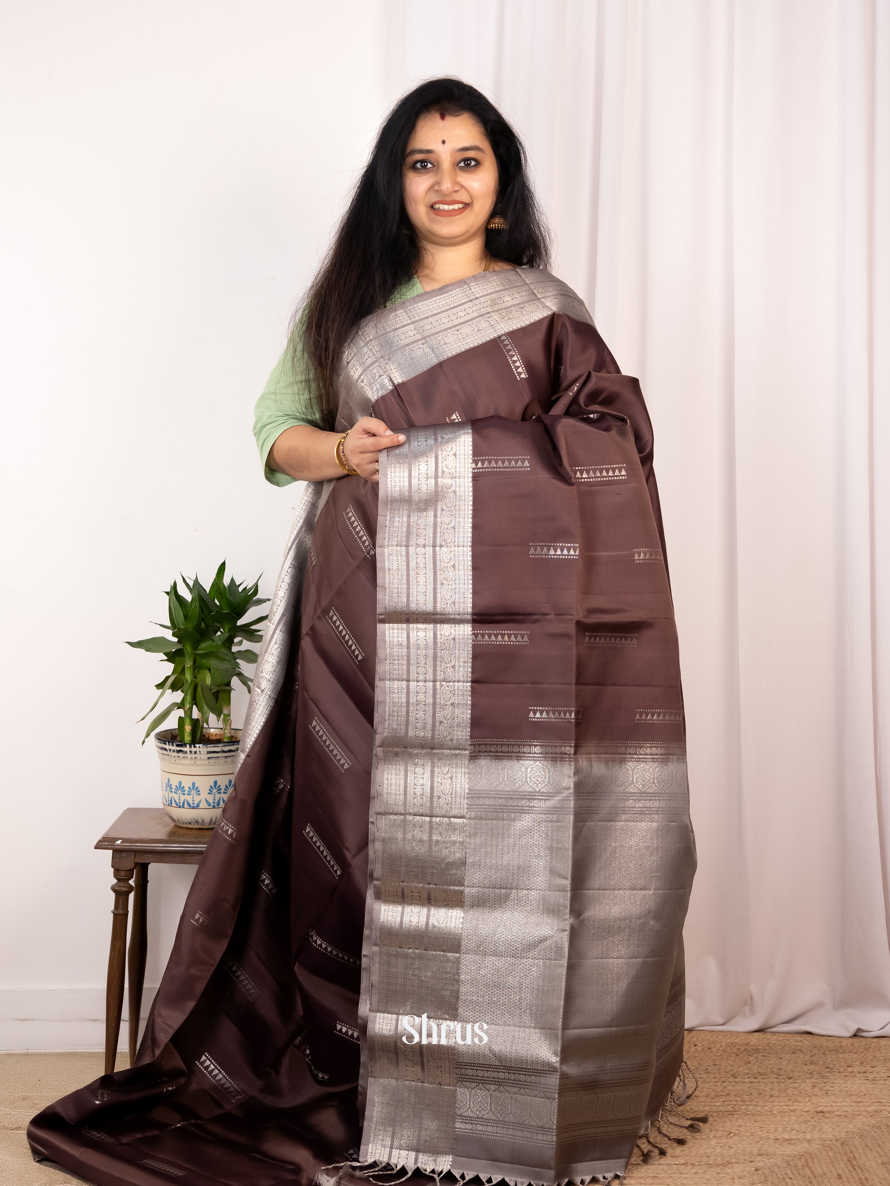 Brown & Grey - Soft Silk Saree - Shop on Shrus.com