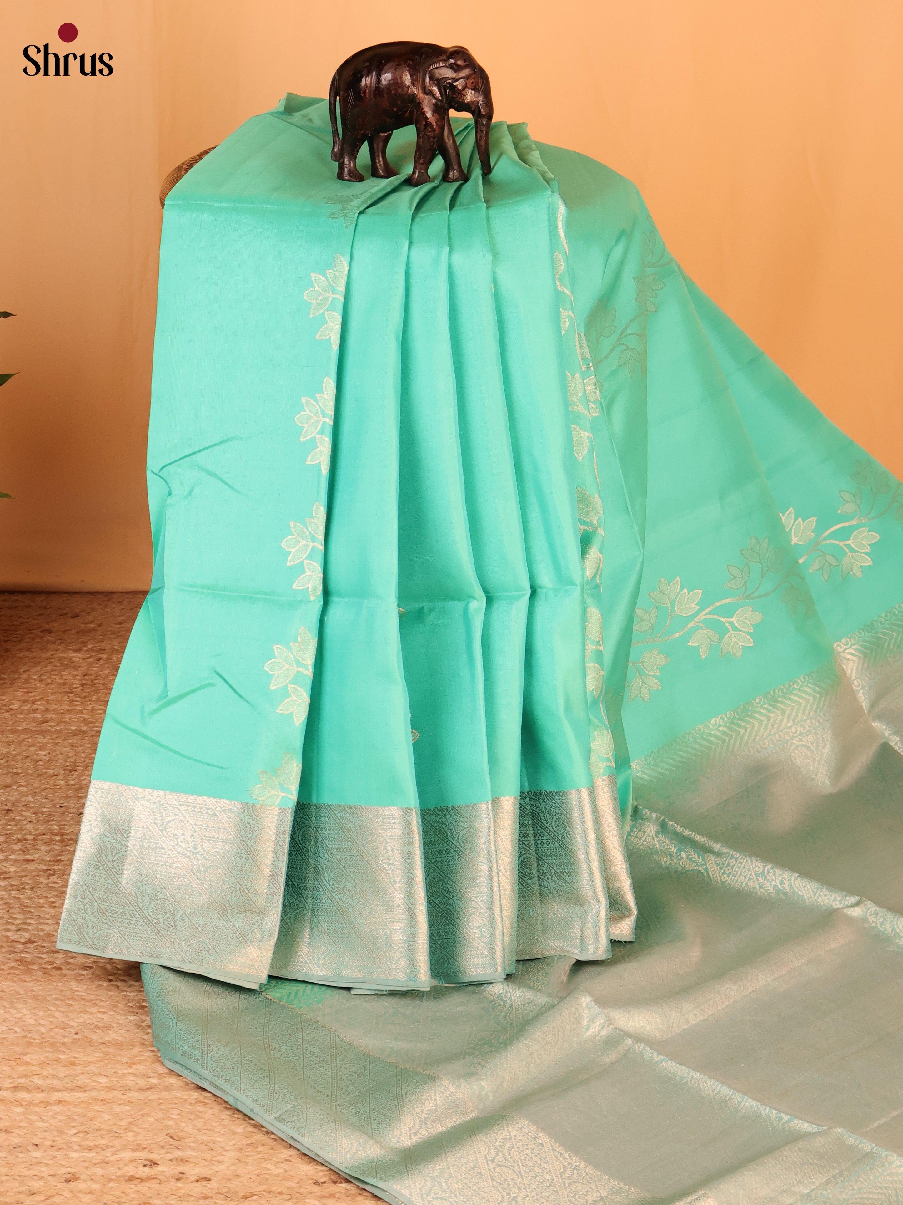 Elegant Teal Green Soft Silk Saree with Floral Zari Vines, Grey Border & Brocade Pallu - Shop on Shrus.com