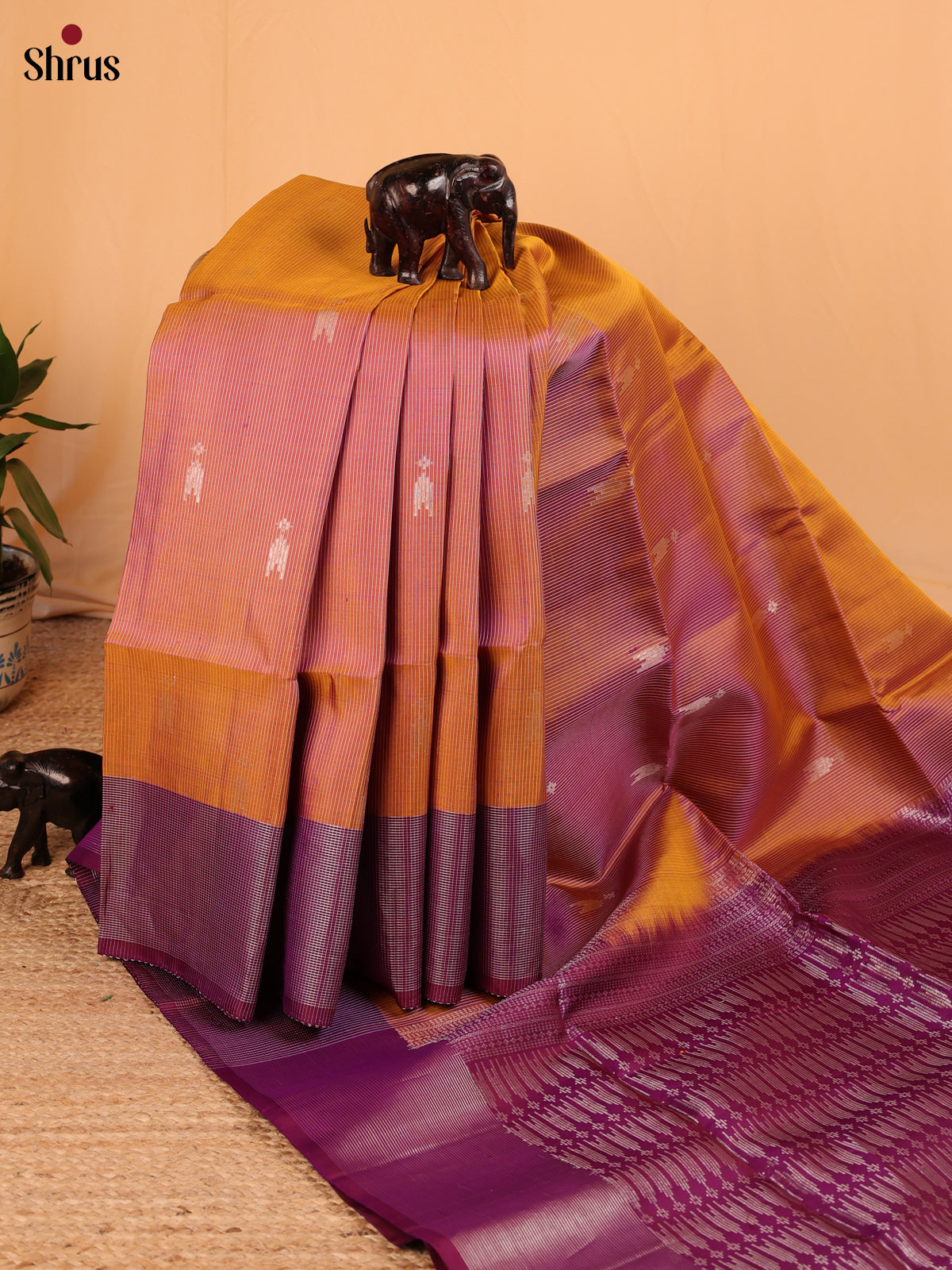 Stylish Rust Soft Silk Saree with Zari Buttas, Contrast Purple Border & Brocade Pallu-3