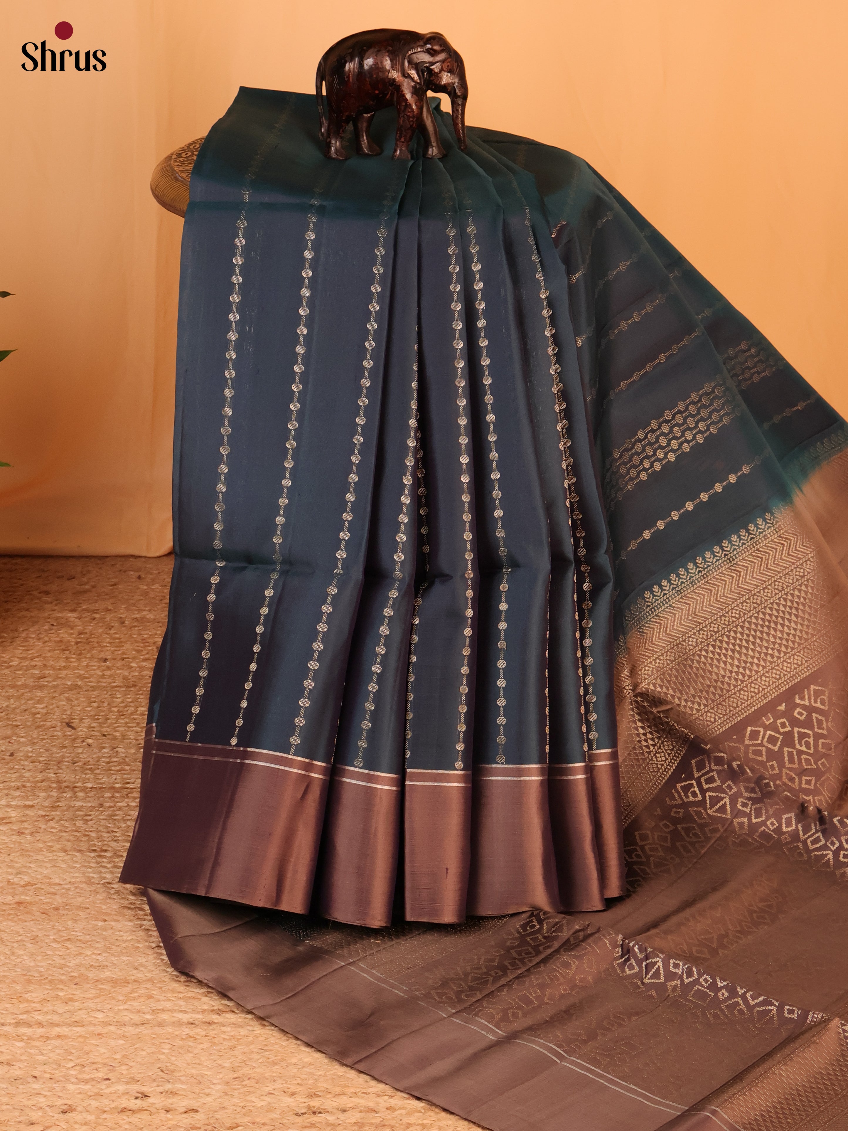 Classy Dark Green Soft Silk Saree with Zari Stripes, Brown Border & Brocade Pallu - Shop on Shrus.com