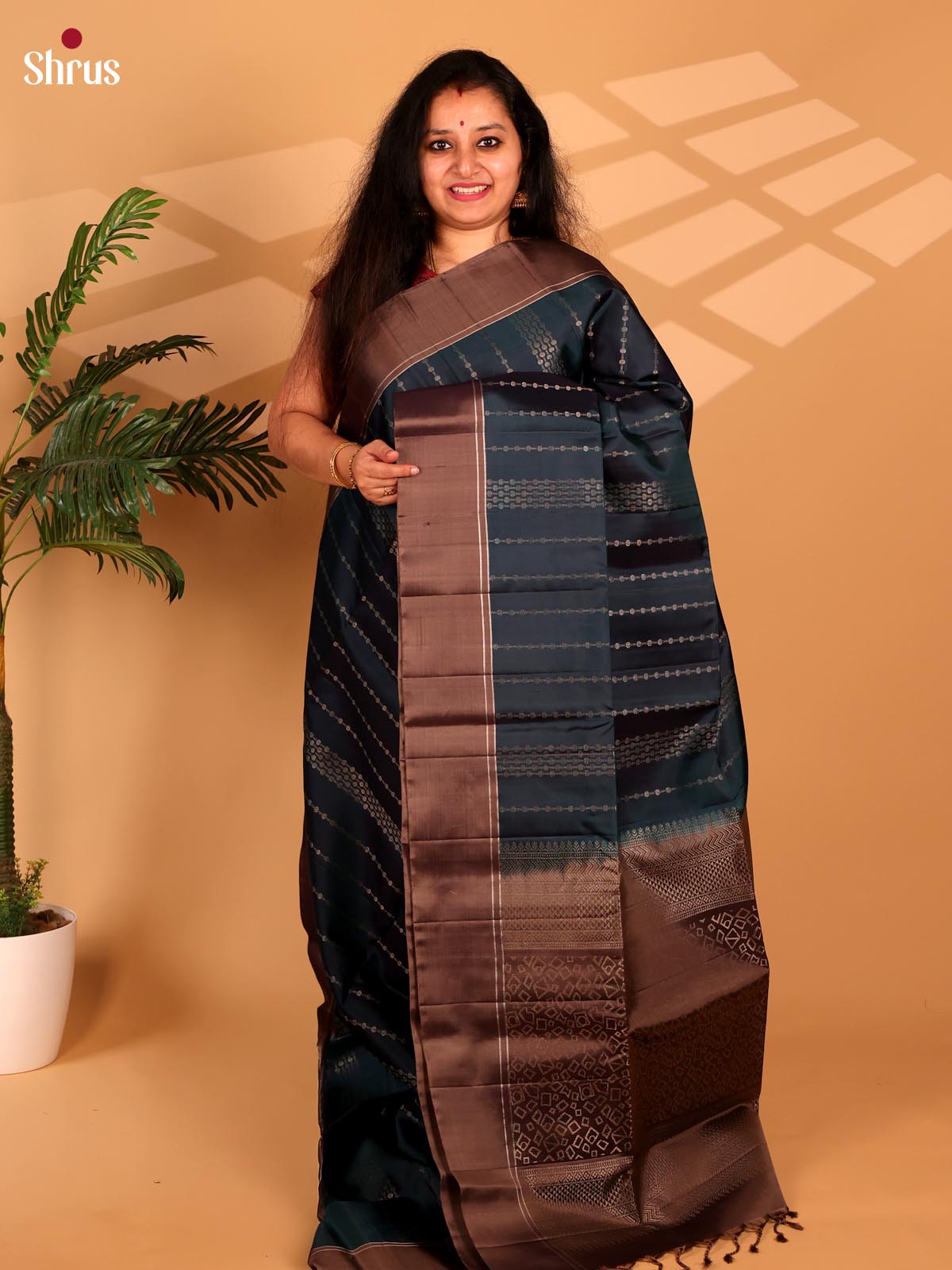 Classy Dark Green Soft Silk Saree with Zari Stripes, Brown Border & Brocade Pallu - Shop on Shrus.com