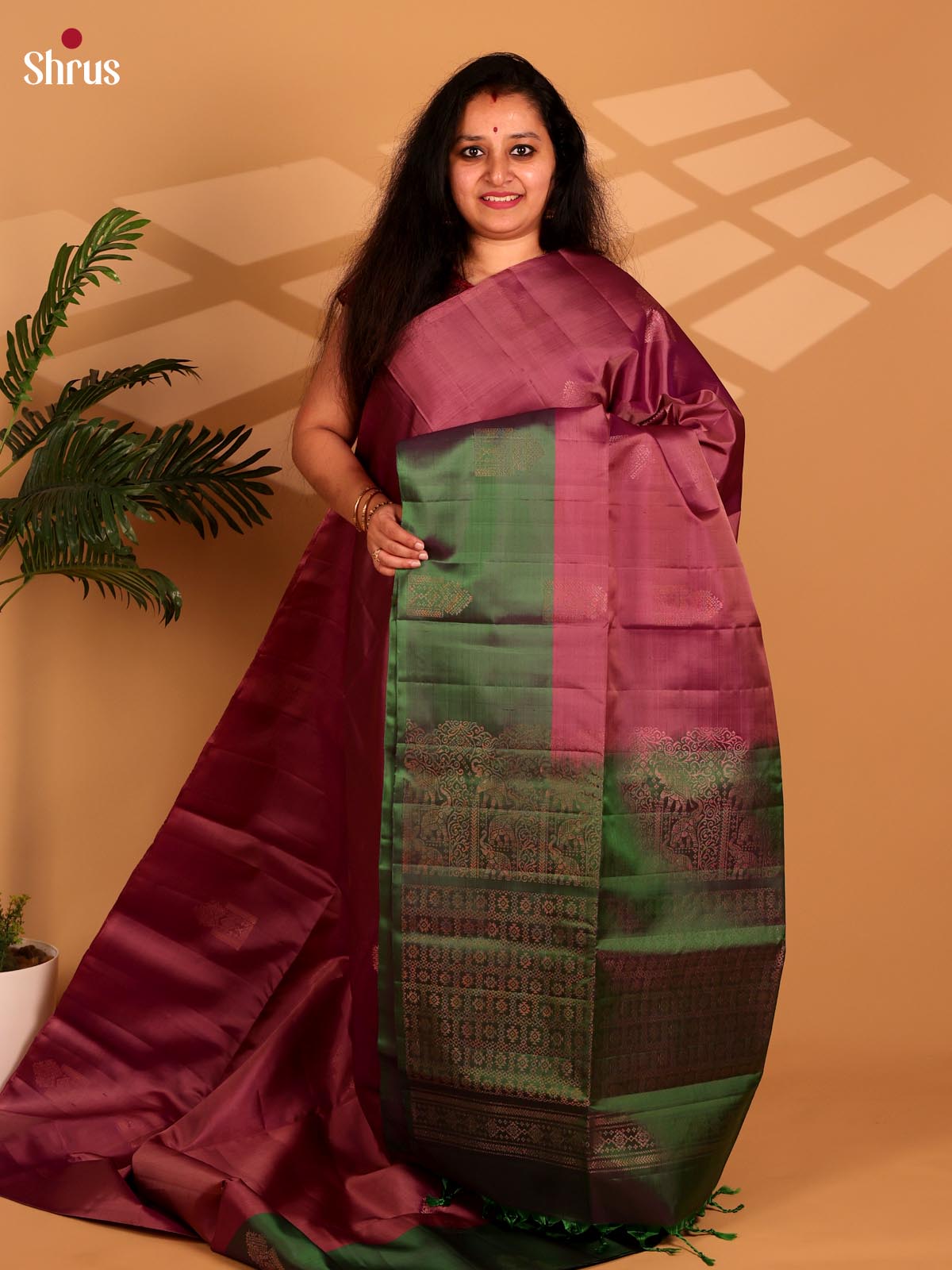 Breezy Dusty Pink Soft Silk Saree with single-side Green Zari Border & Brocade Pallu - Shop on Shrus.com