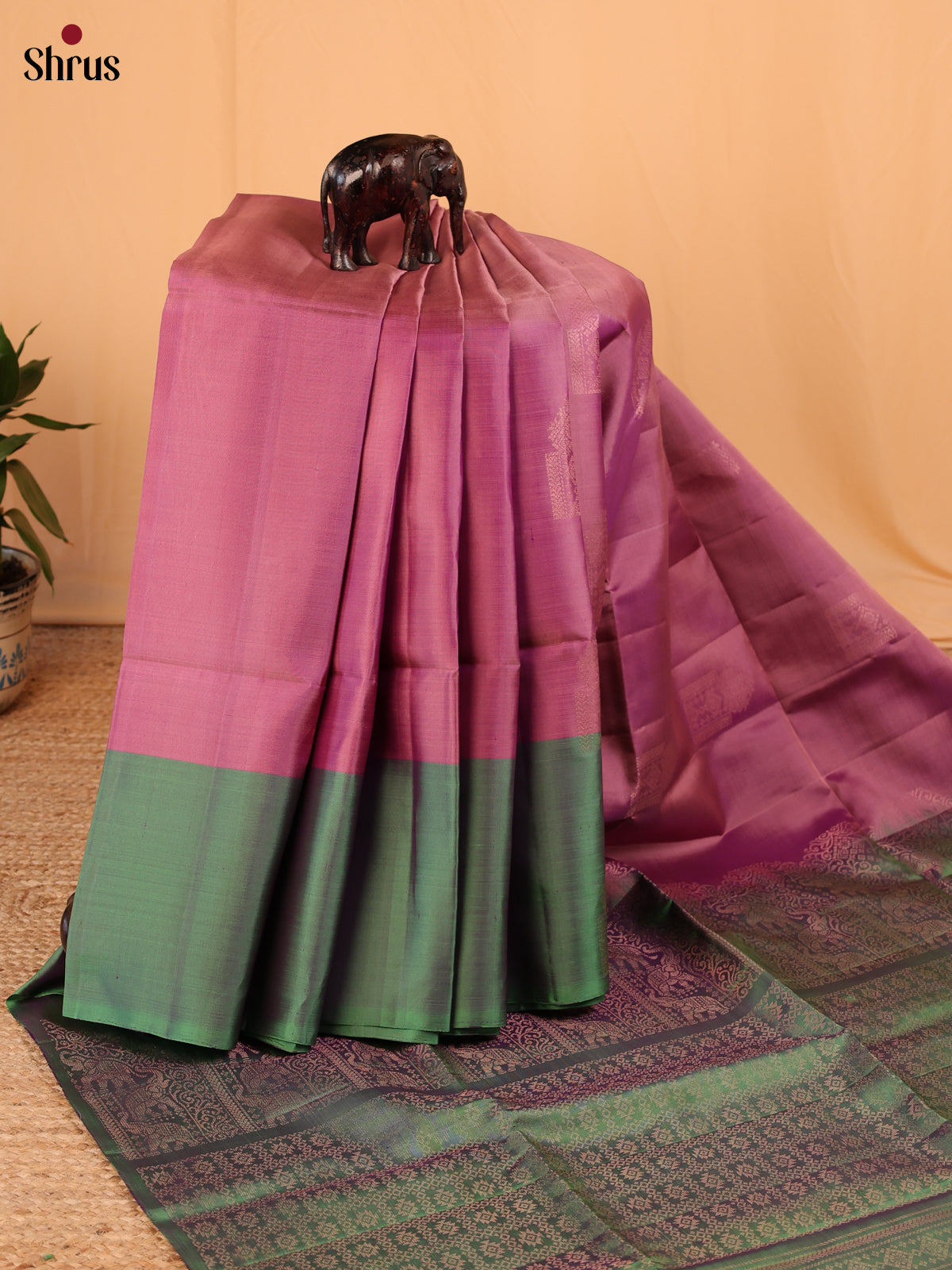 Breezy Dusty Pink Soft Silk Saree with single-side Green Zari Border & Brocade Pallu - Shop on Shrus.com