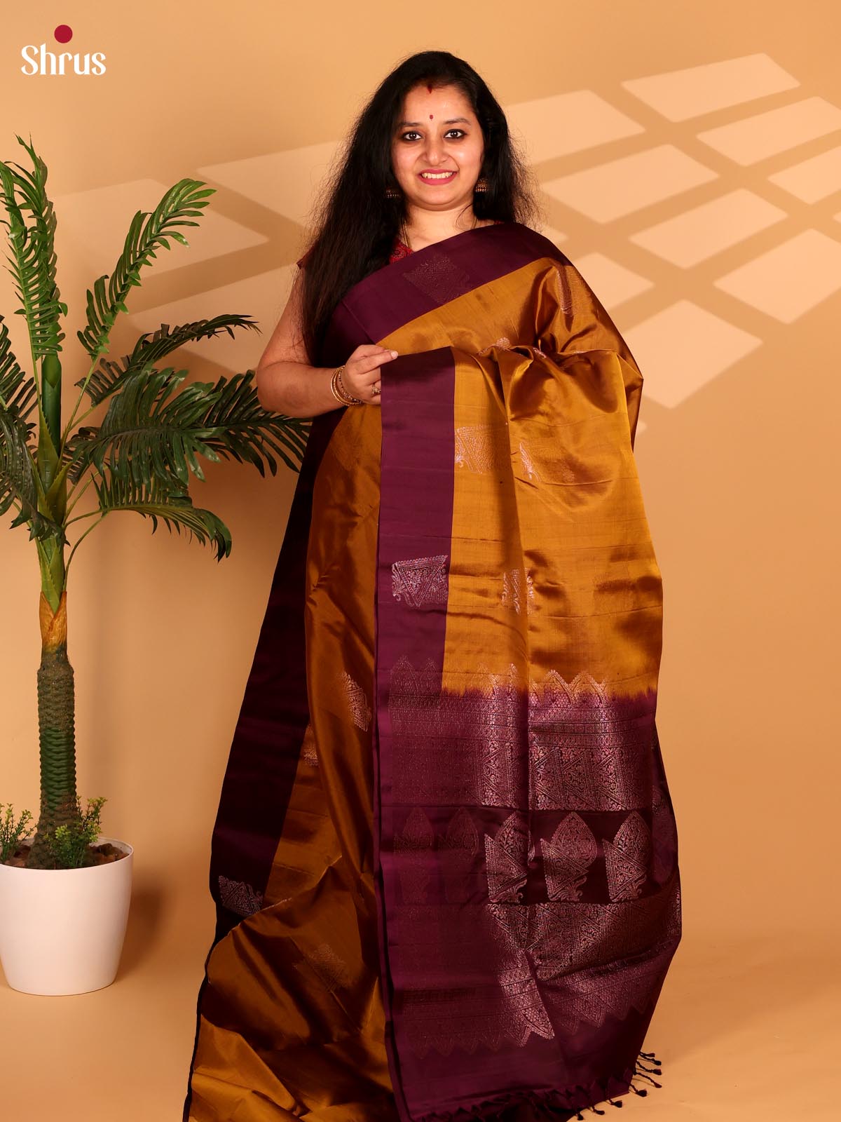 Mustard & Maroon - Soft Silk Saree - Shop on Shrus.com