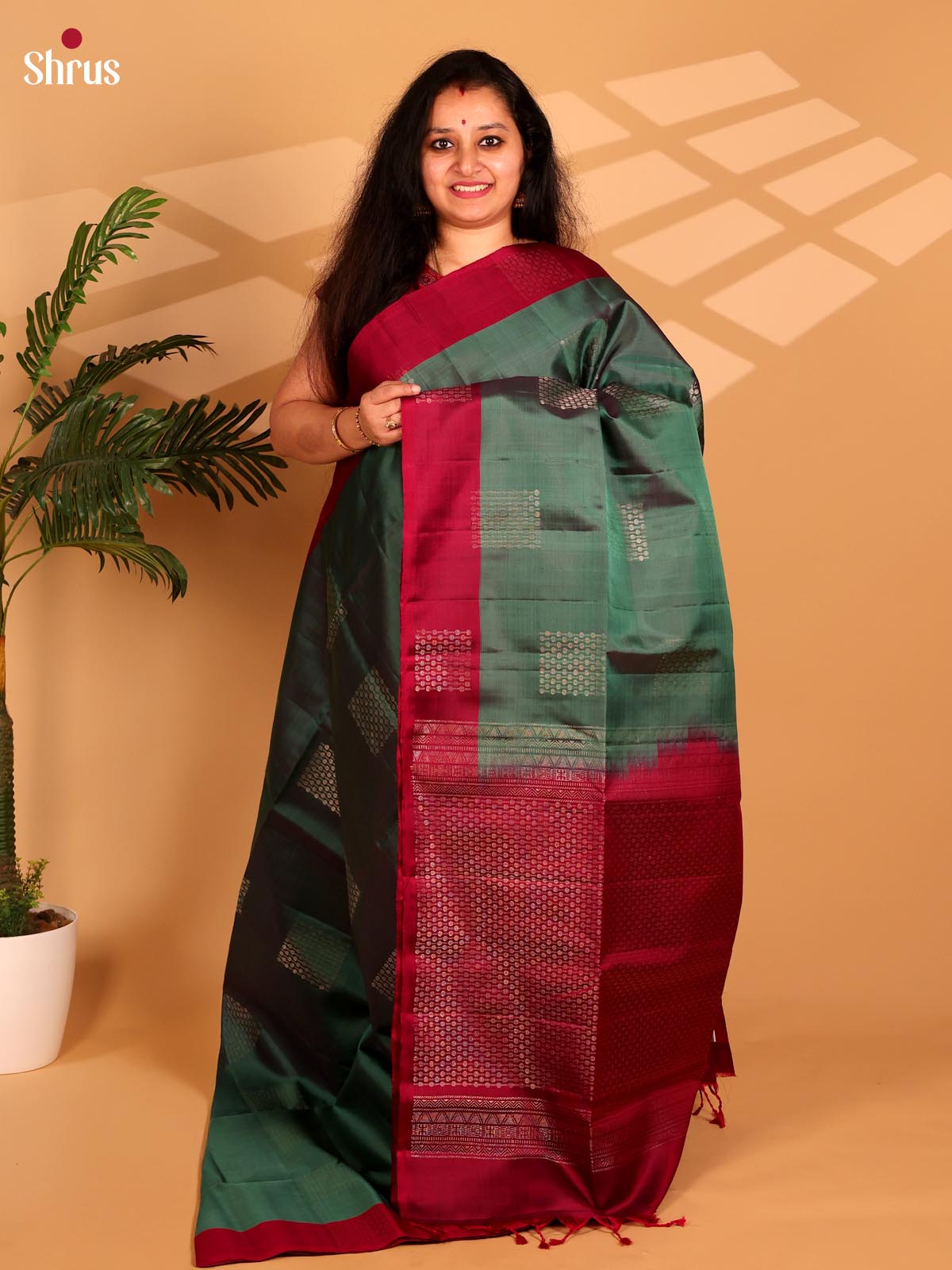 Green & Maroon - Soft Silk Saree - Shop on Shrus.com