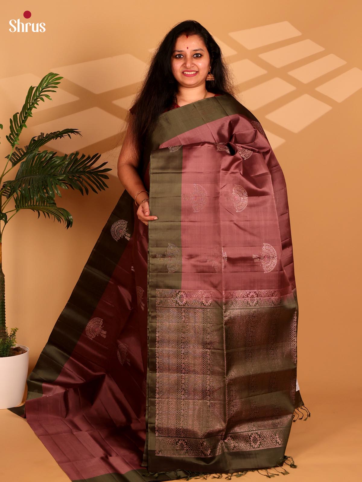 Dusty Pink & Green- Soft Silk Saree - Shop on Shrus.com