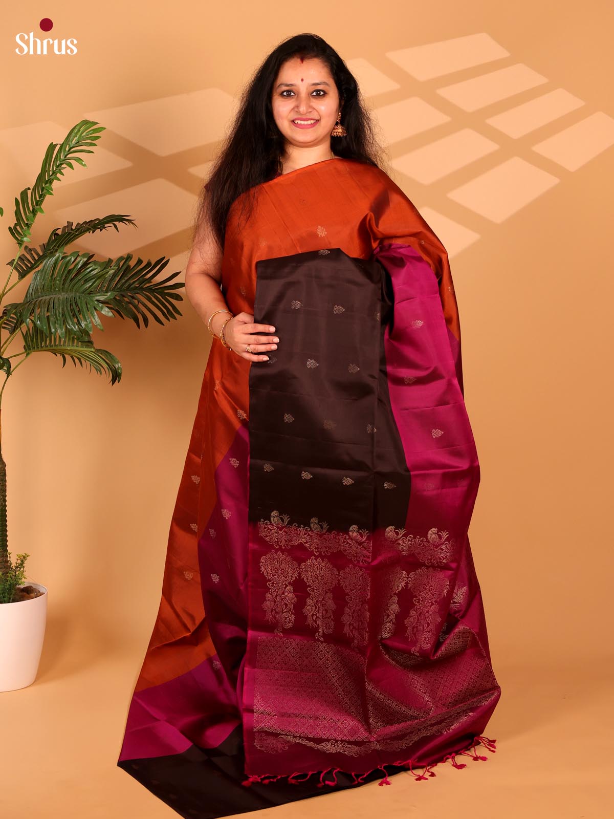 Rust, Purple & Brown - Soft Silk Saree - Shop on Shrus.com
