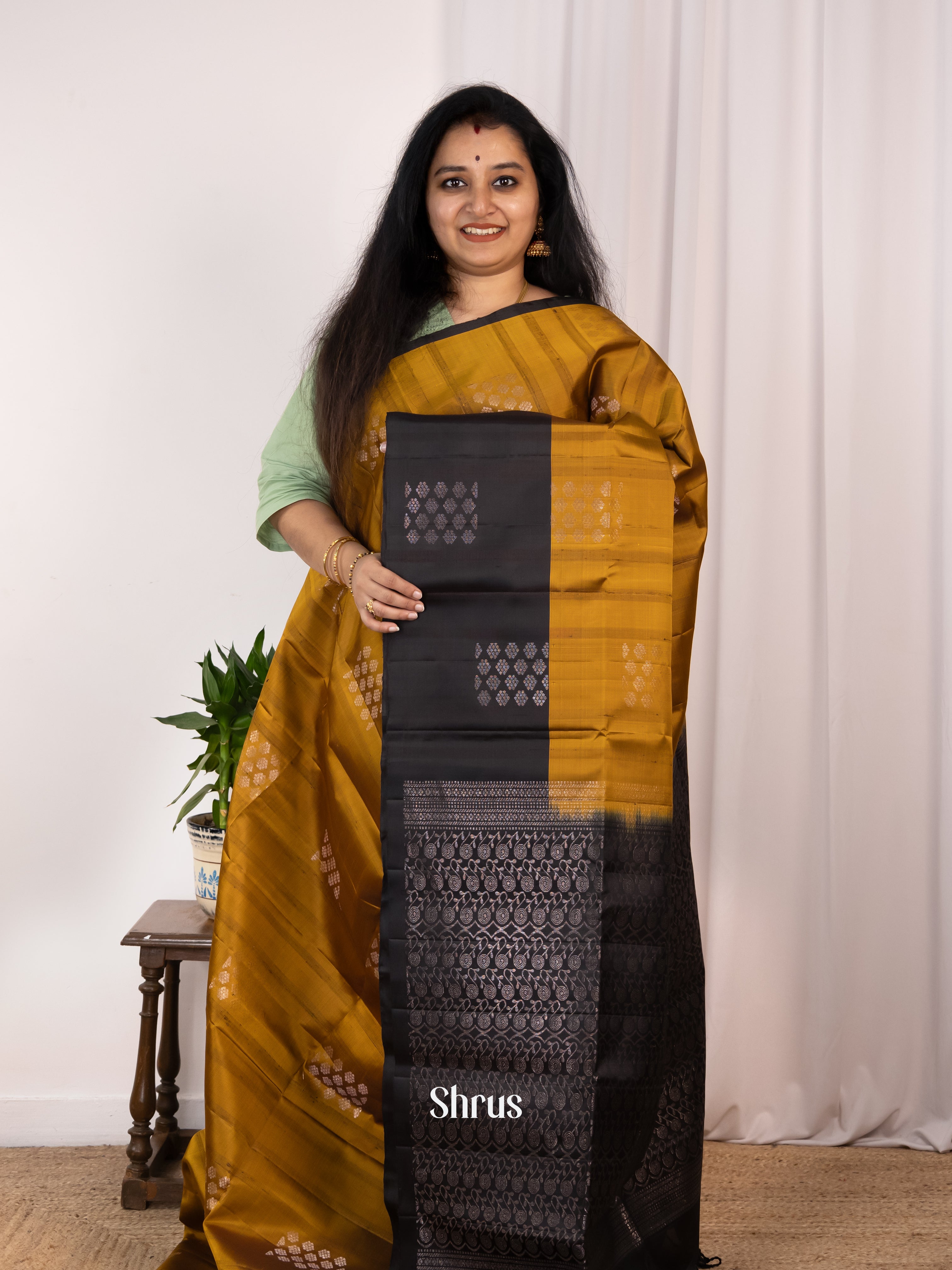 Mustard & Black - Soft Silk Saree - Shop on Shrus.com