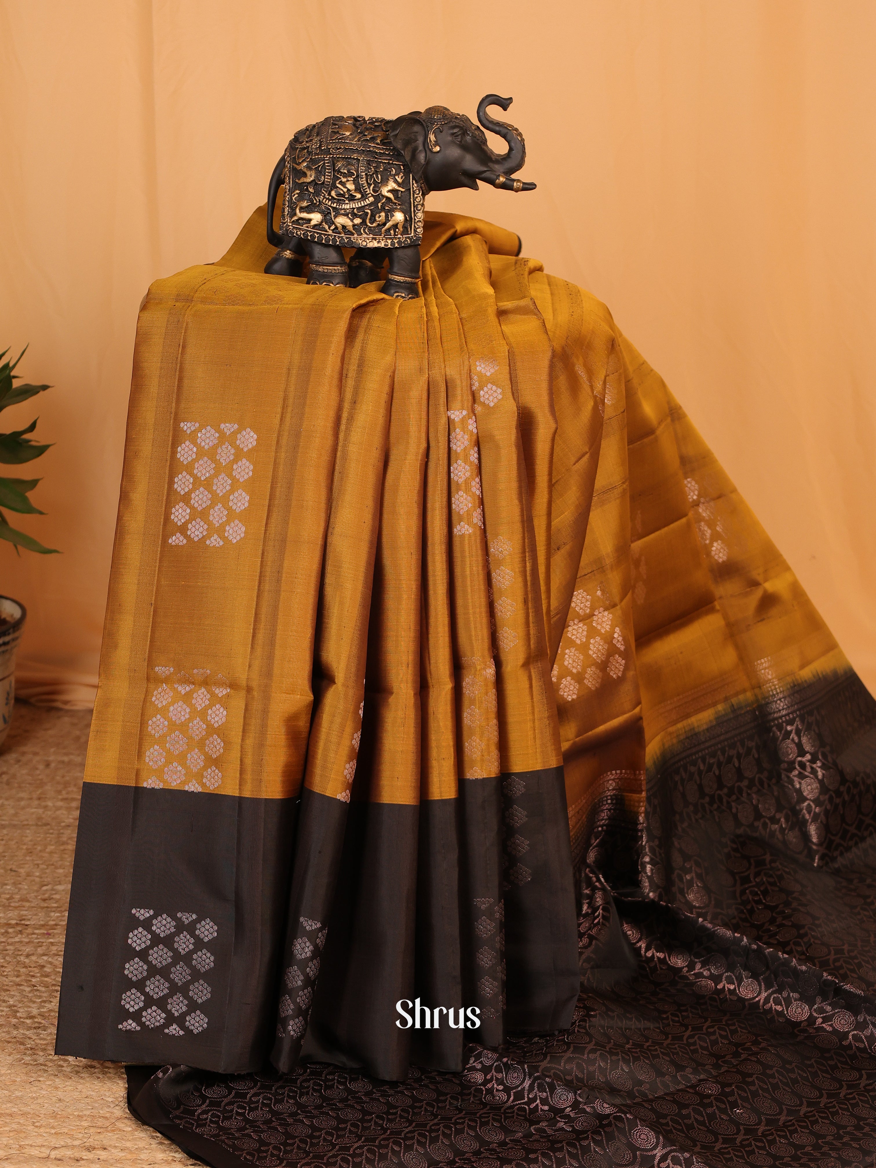 Mustard & Black - Soft Silk Saree - Shop on Shrus.com