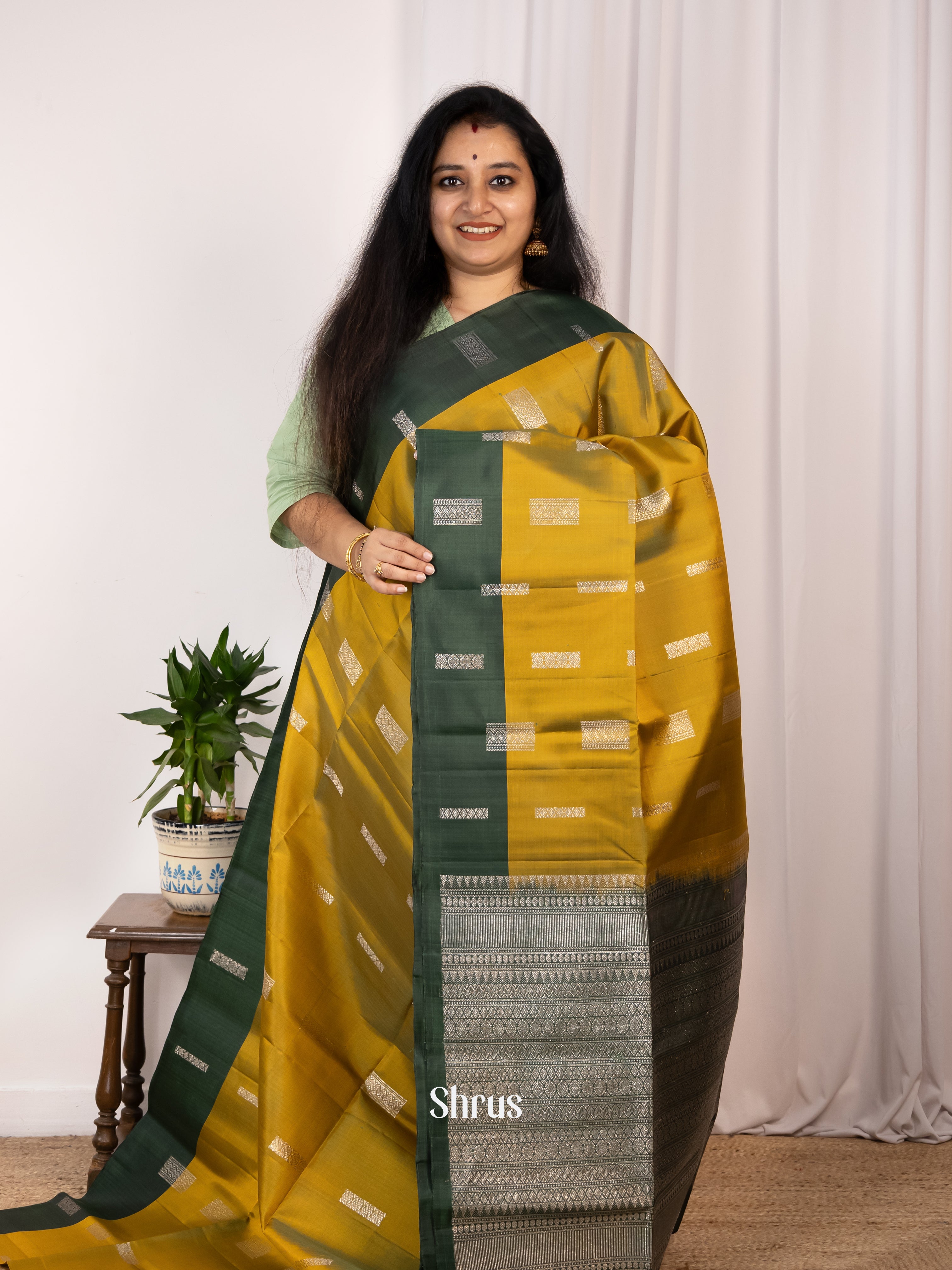 Mustard Green & Green - Soft Silk Saree - Shop on Shrus.com