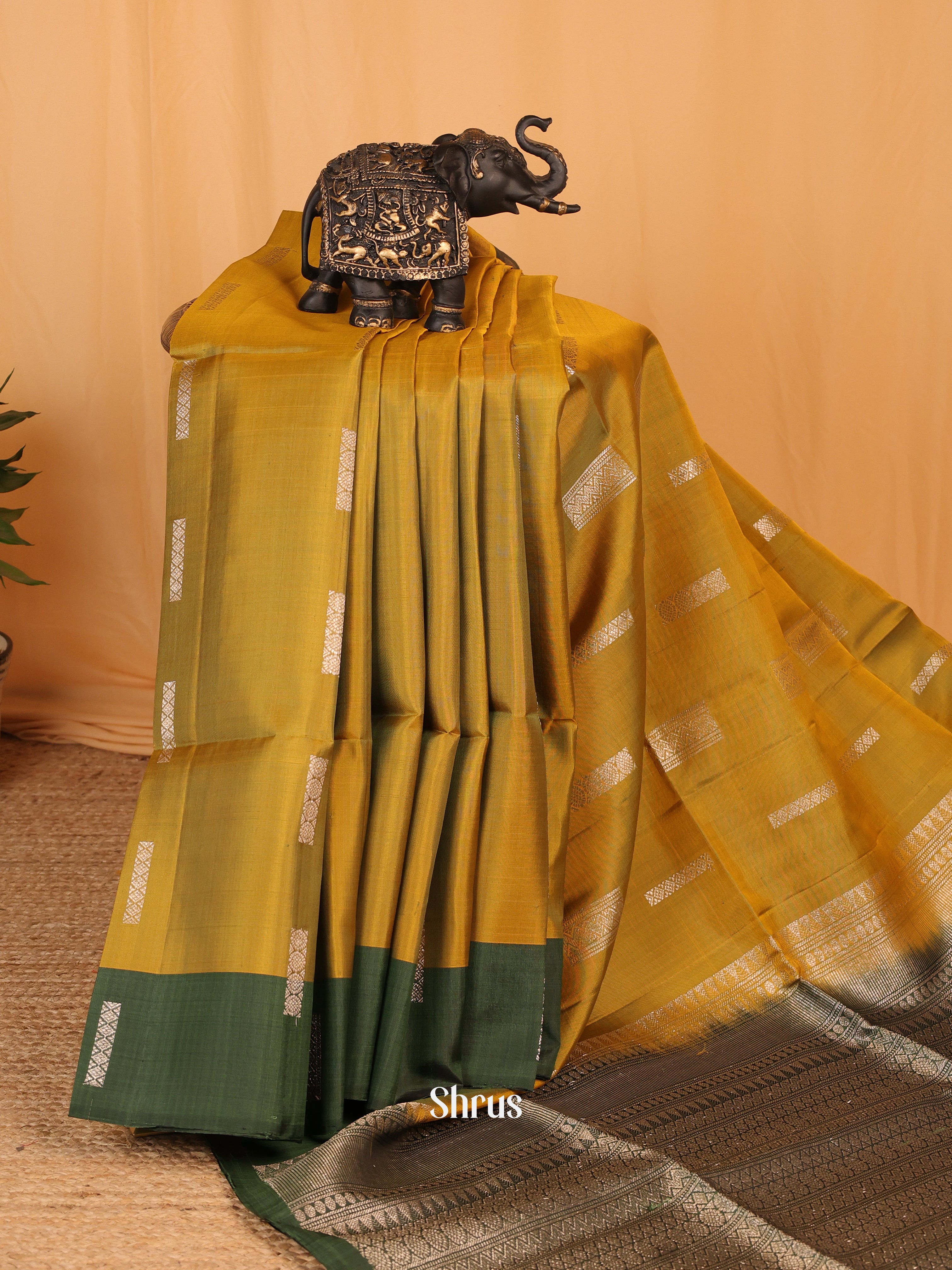 Mustard Green & Green - Soft Silk Saree - Shop on Shrus.com