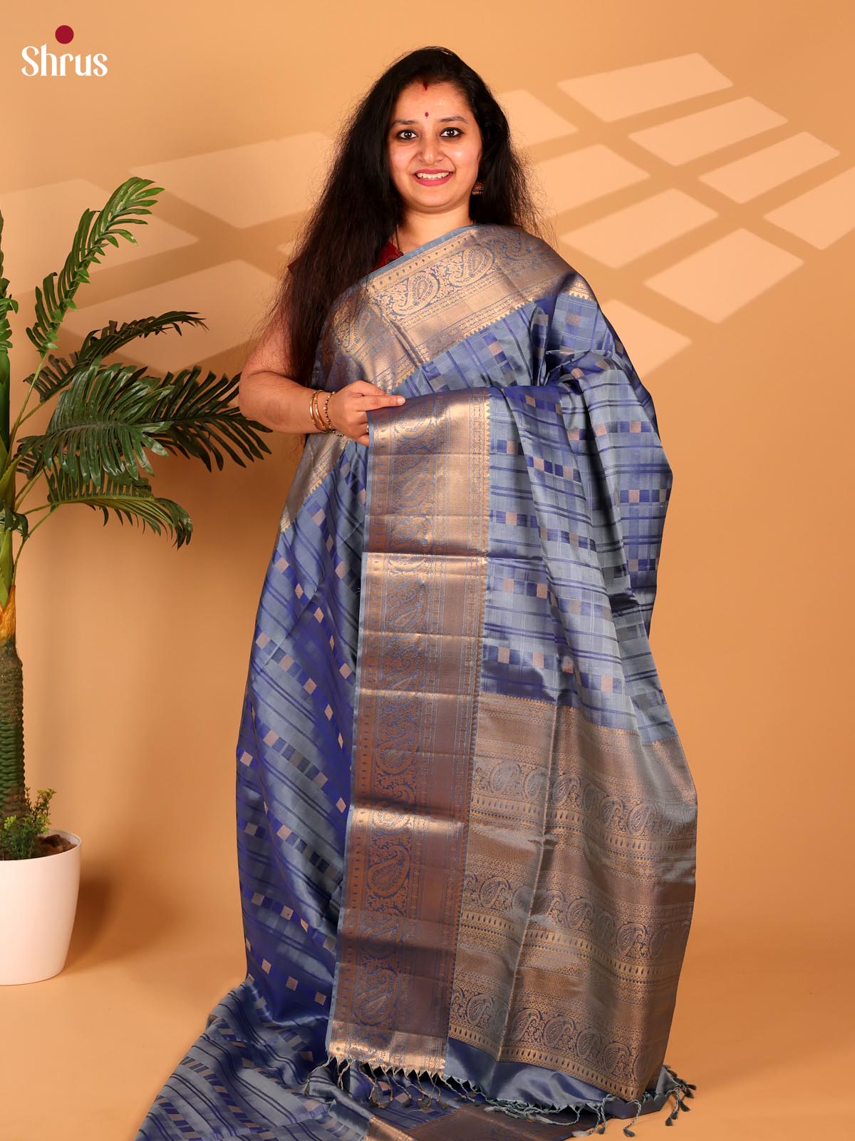 Grey & Blue- Soft Silk Saree - Shop on Shrus.com