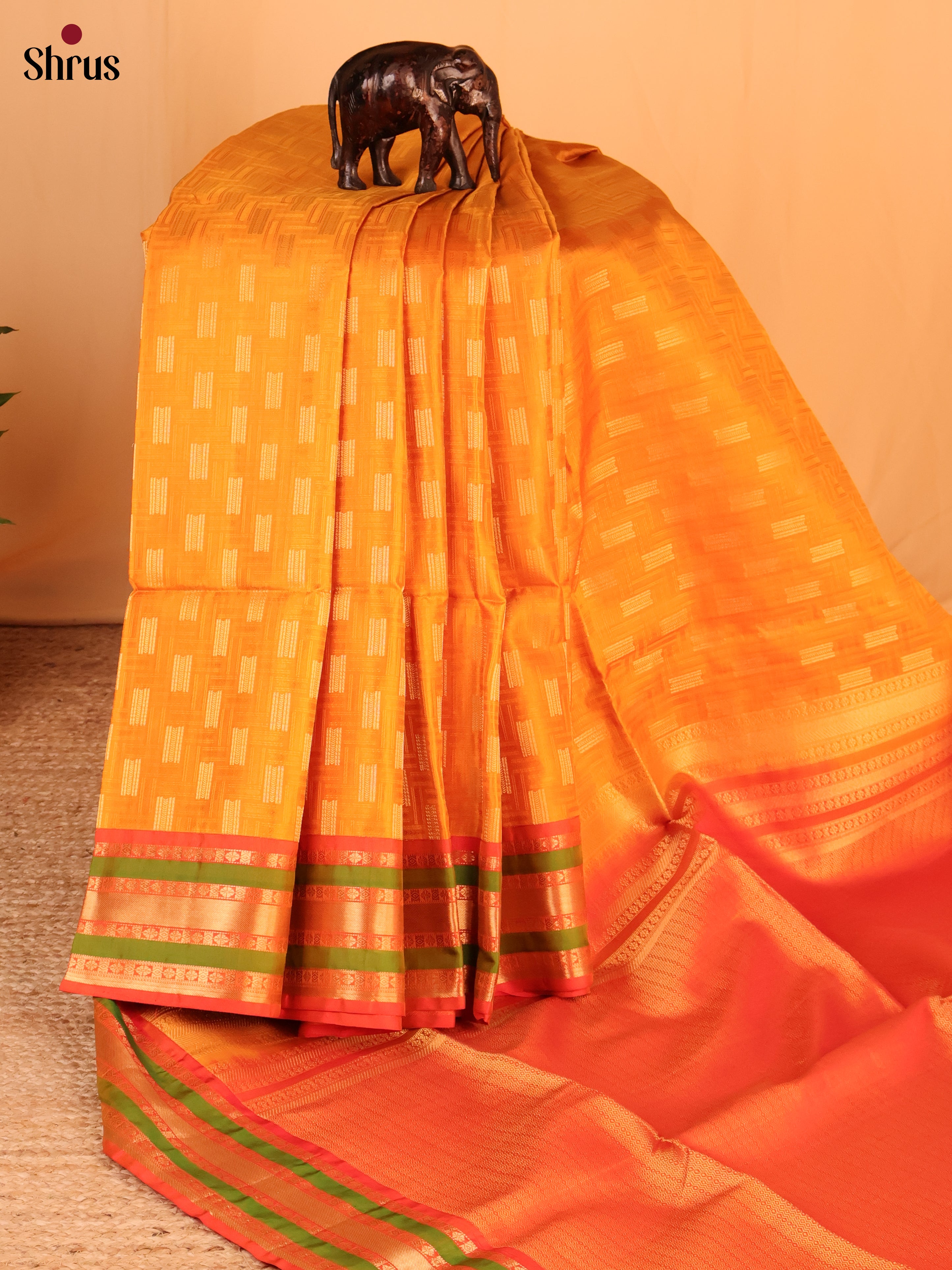 Blazing Orange Soft Silk Saree With Zari Buttas, Red & Green Border-2