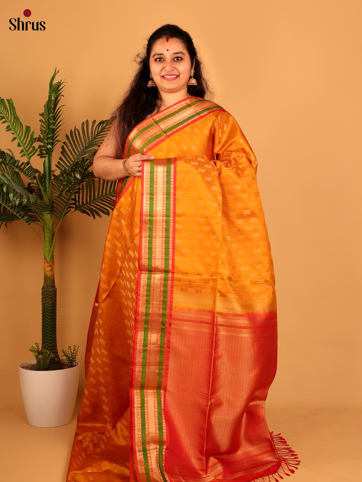 Blazing Orange Soft Silk Saree With Zari Buttas, Red & Green Border-1