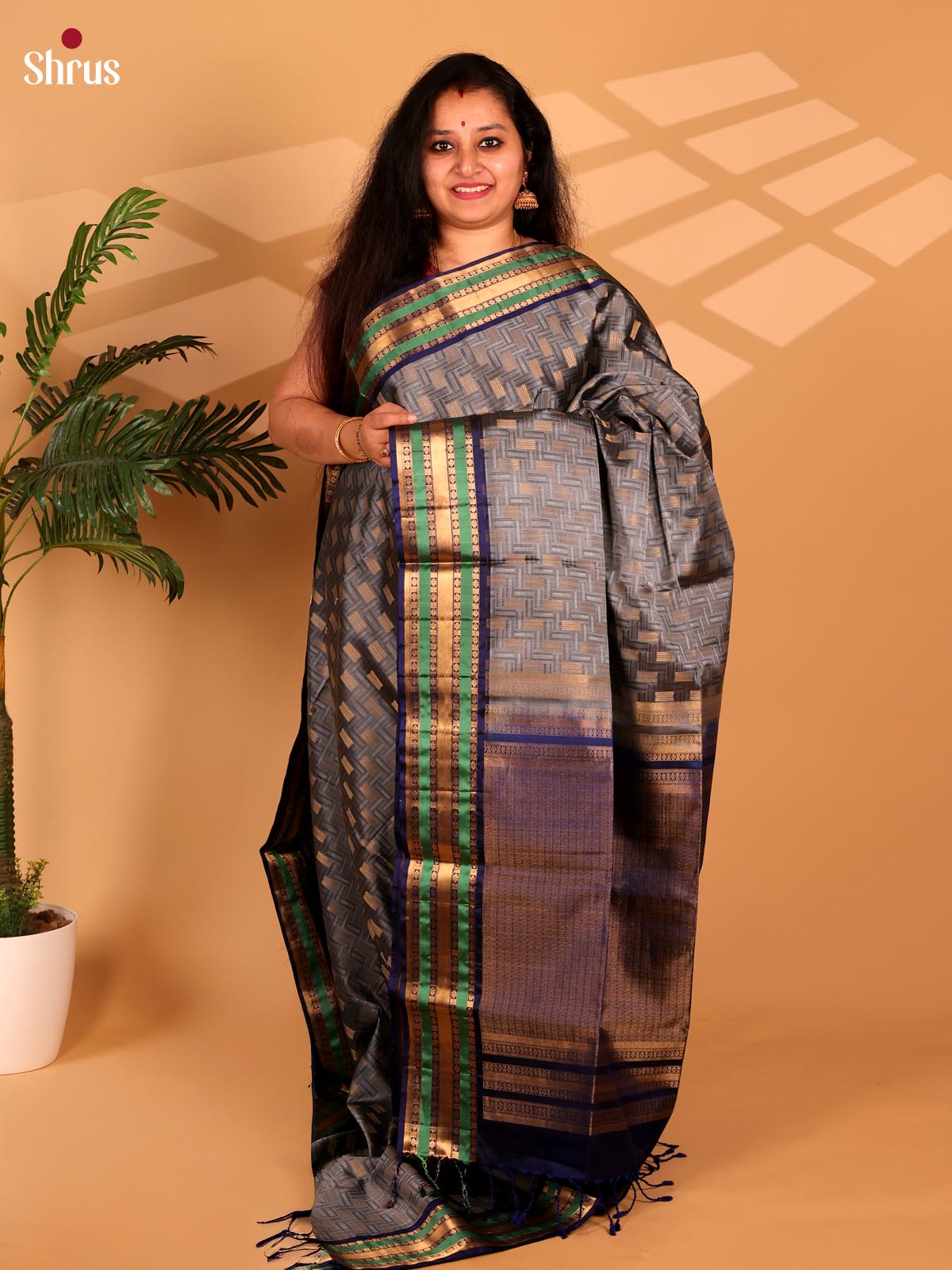 Grey & Blue - Soft Silk Saree - Shop on Shrus.com