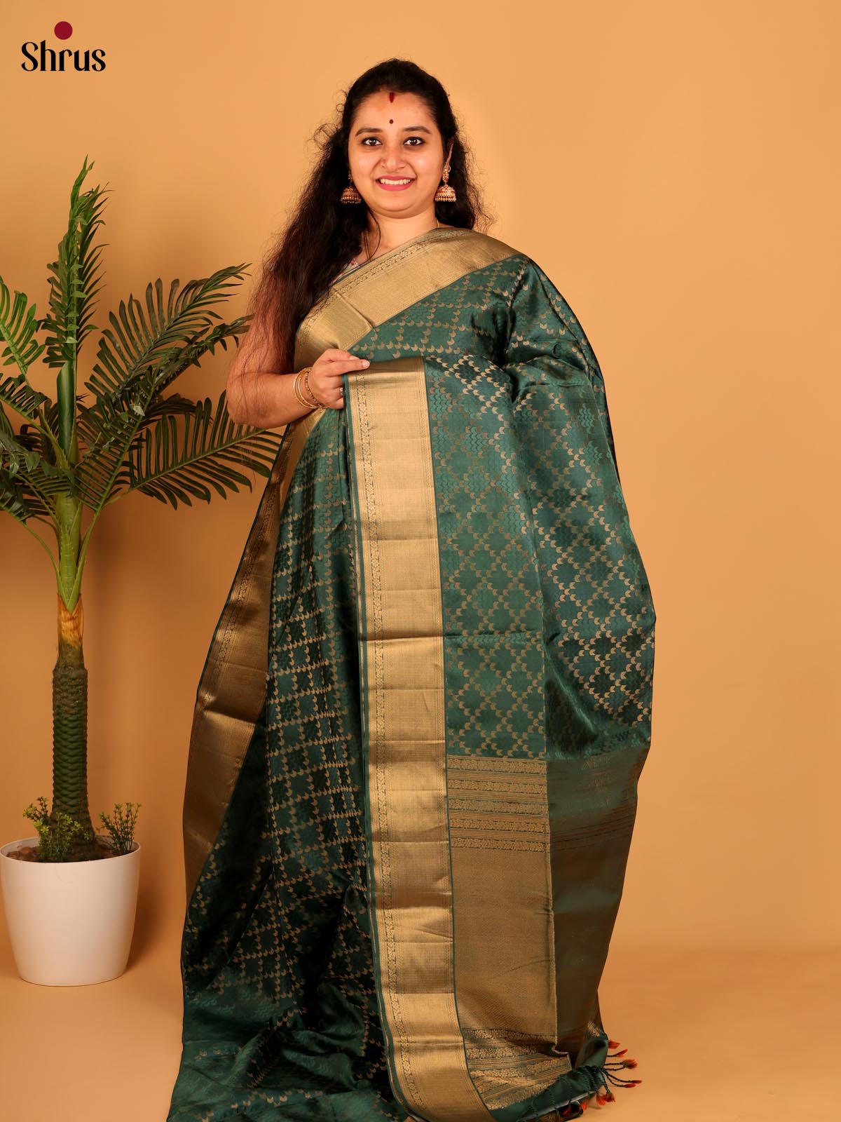 Enchanting Green Soft Silk Saree with Zari Checked Pattern & Brocade Pallu-1