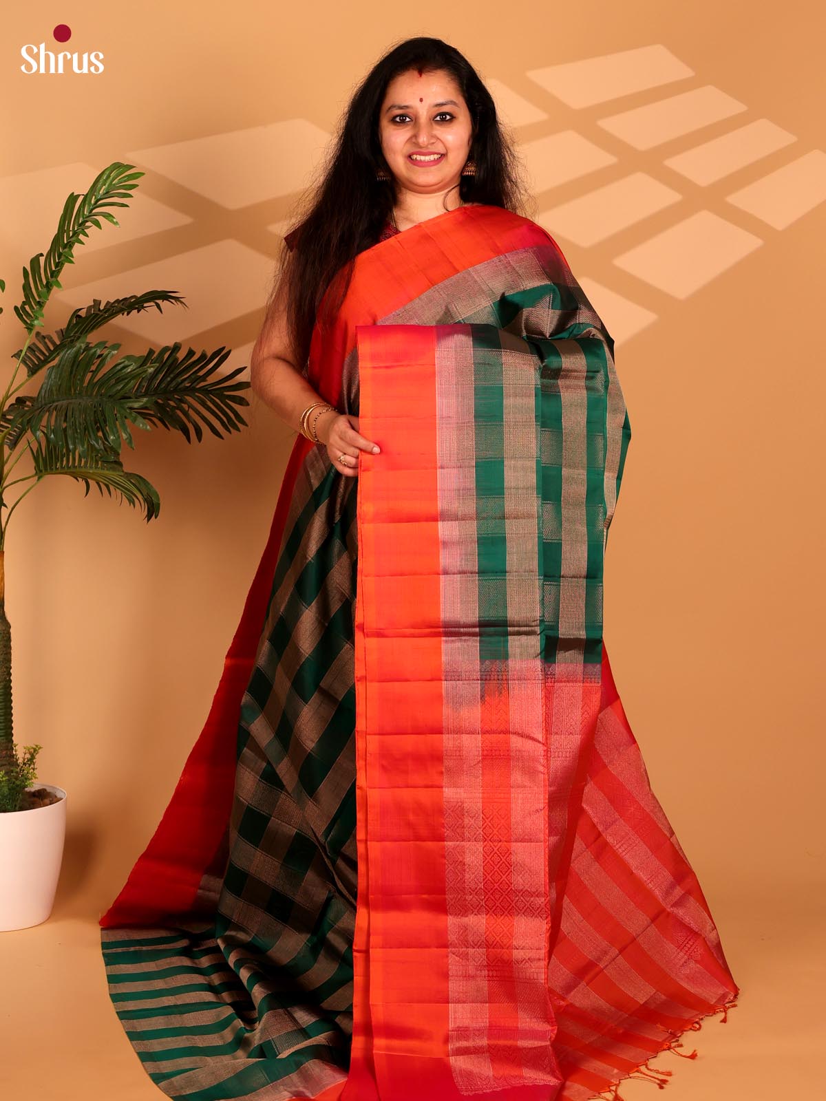 Green & Orange - Soft Silk Saree - Shop on Shrus.com