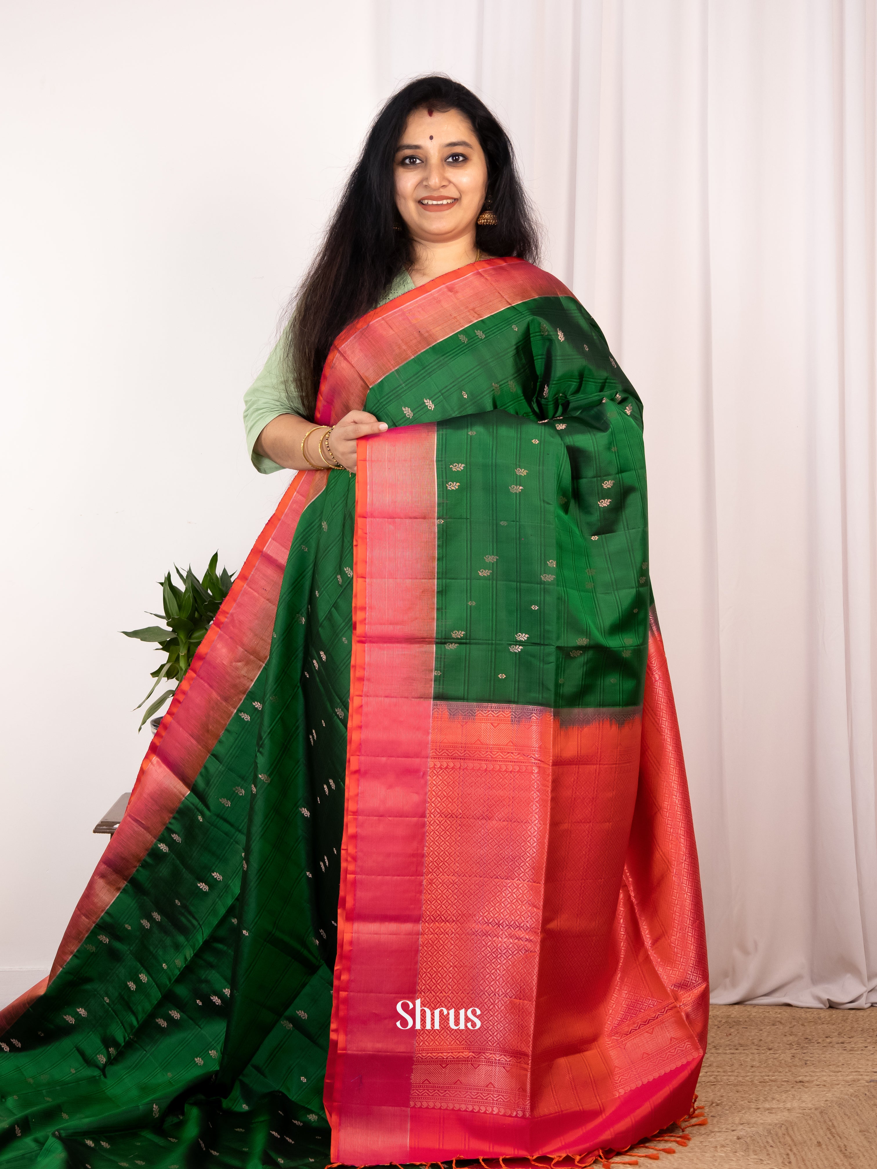 Serene Green Striped Soft Silk Saree With Zari Buttas, Orangish Pink Border & Brocade Pallu-1