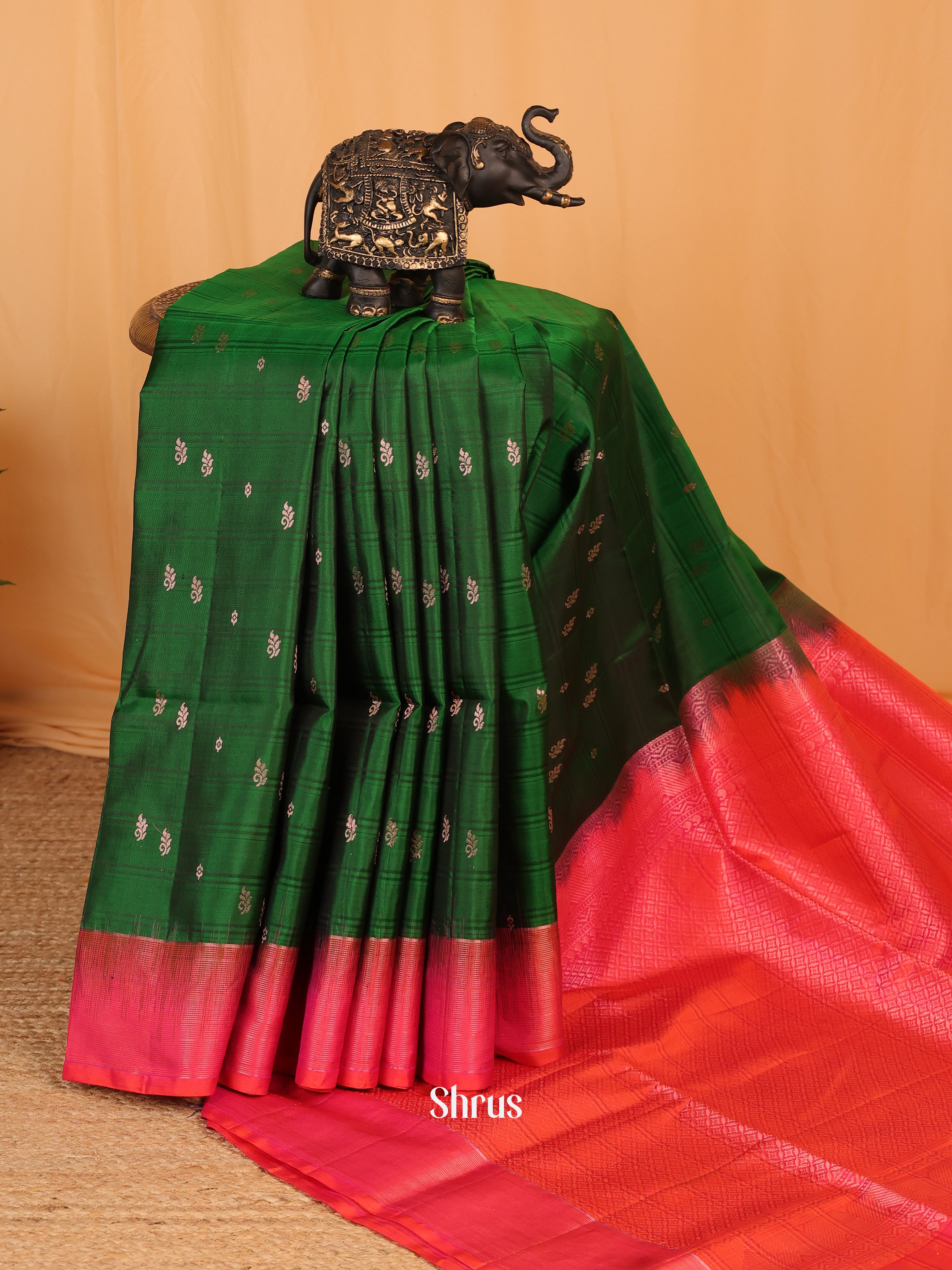 Serene Green Striped Soft Silk Saree With Zari Buttas, Orangish Pink Border & Brocade Pallu-2