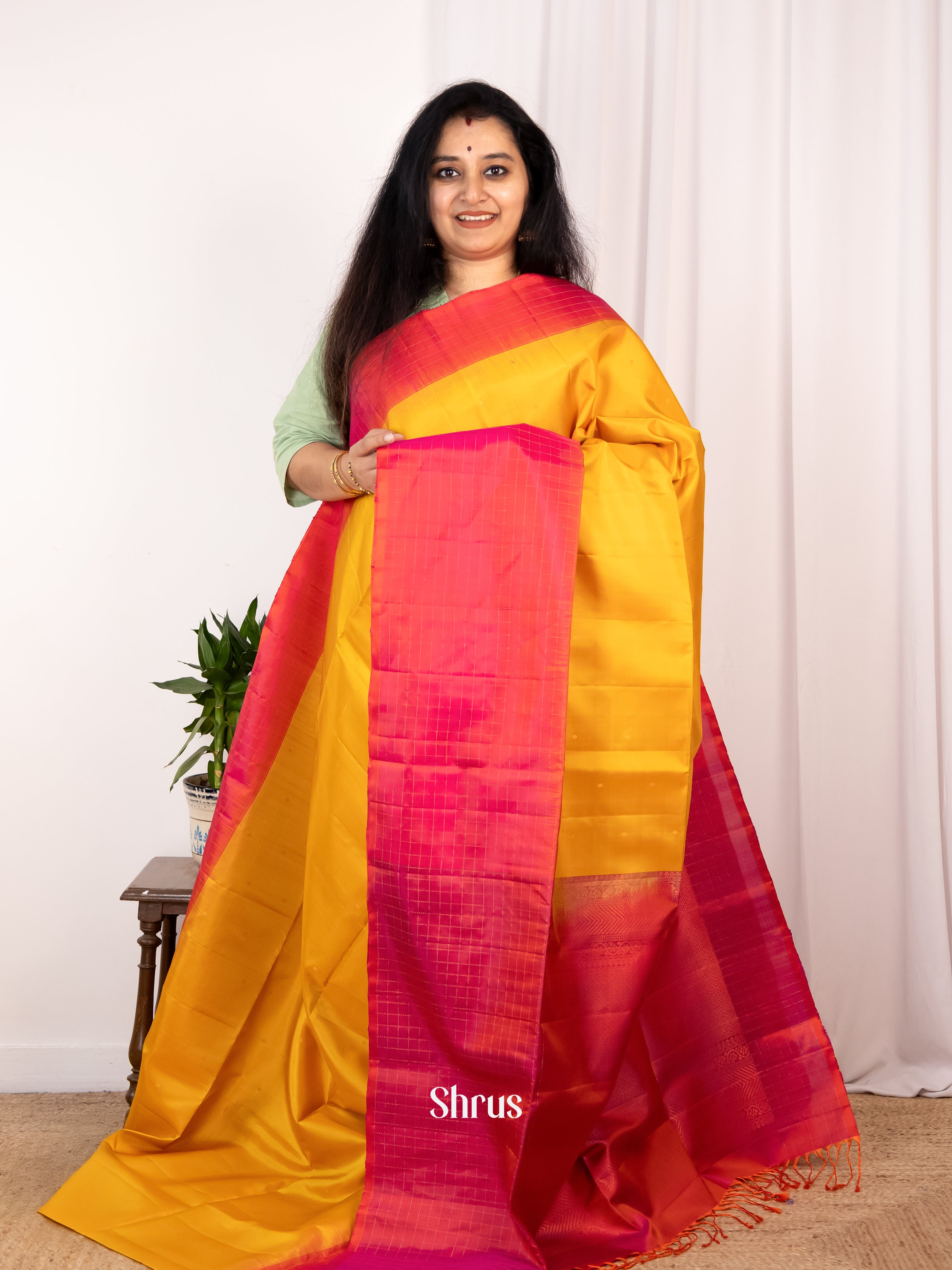 Mustard Soft Silk Saree with Zari Buttas, Orangish Pink Zari Checked Border & Brocade Pallu-1
