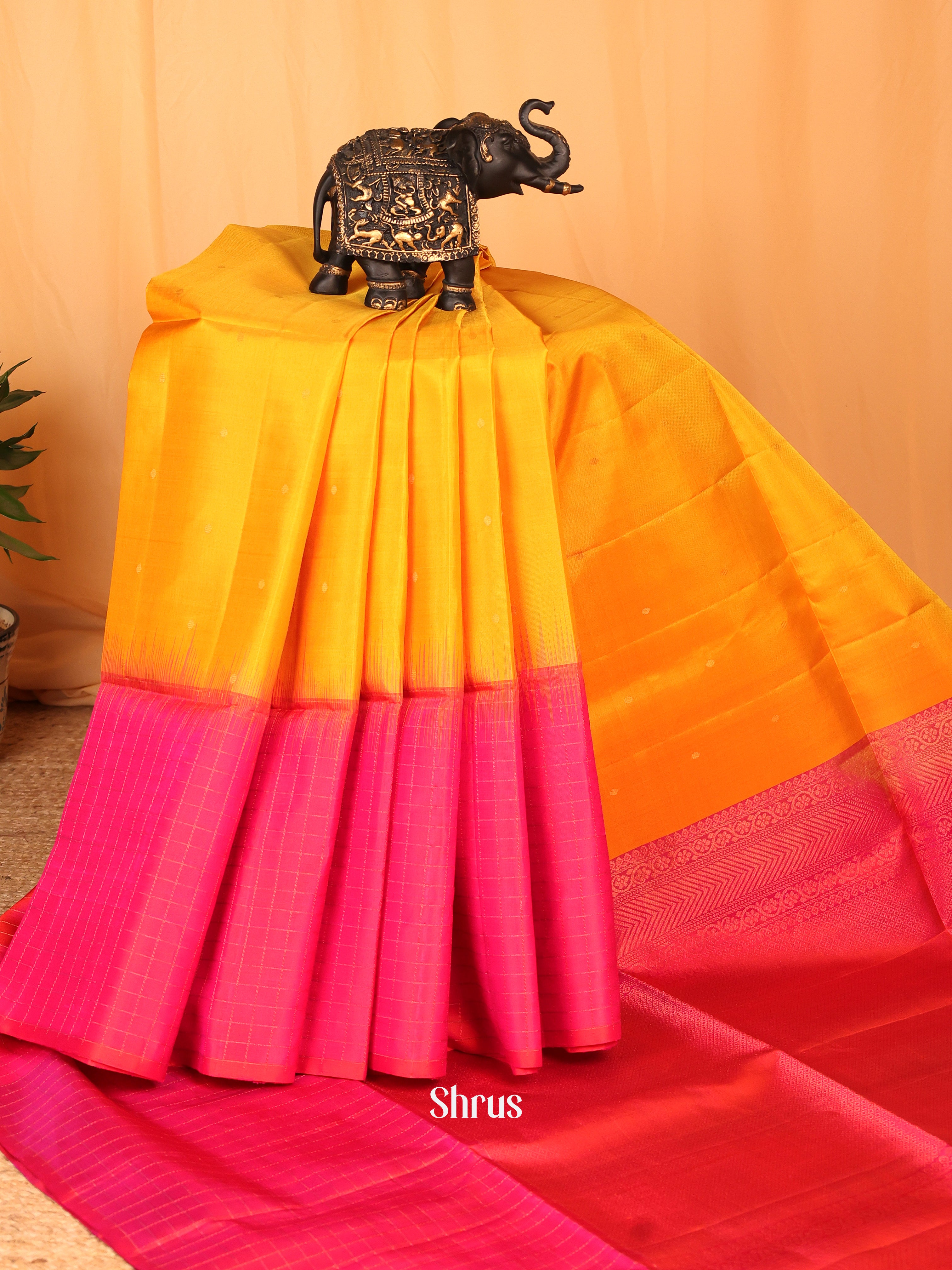 Mustard Soft Silk Saree with Zari Buttas, Orangish Pink Zari Checked Border & Brocade Pallu-2