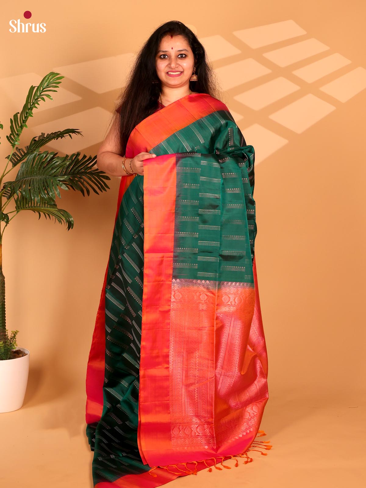 Green & Orange - Soft Silk Saree - Shop on Shrus.com