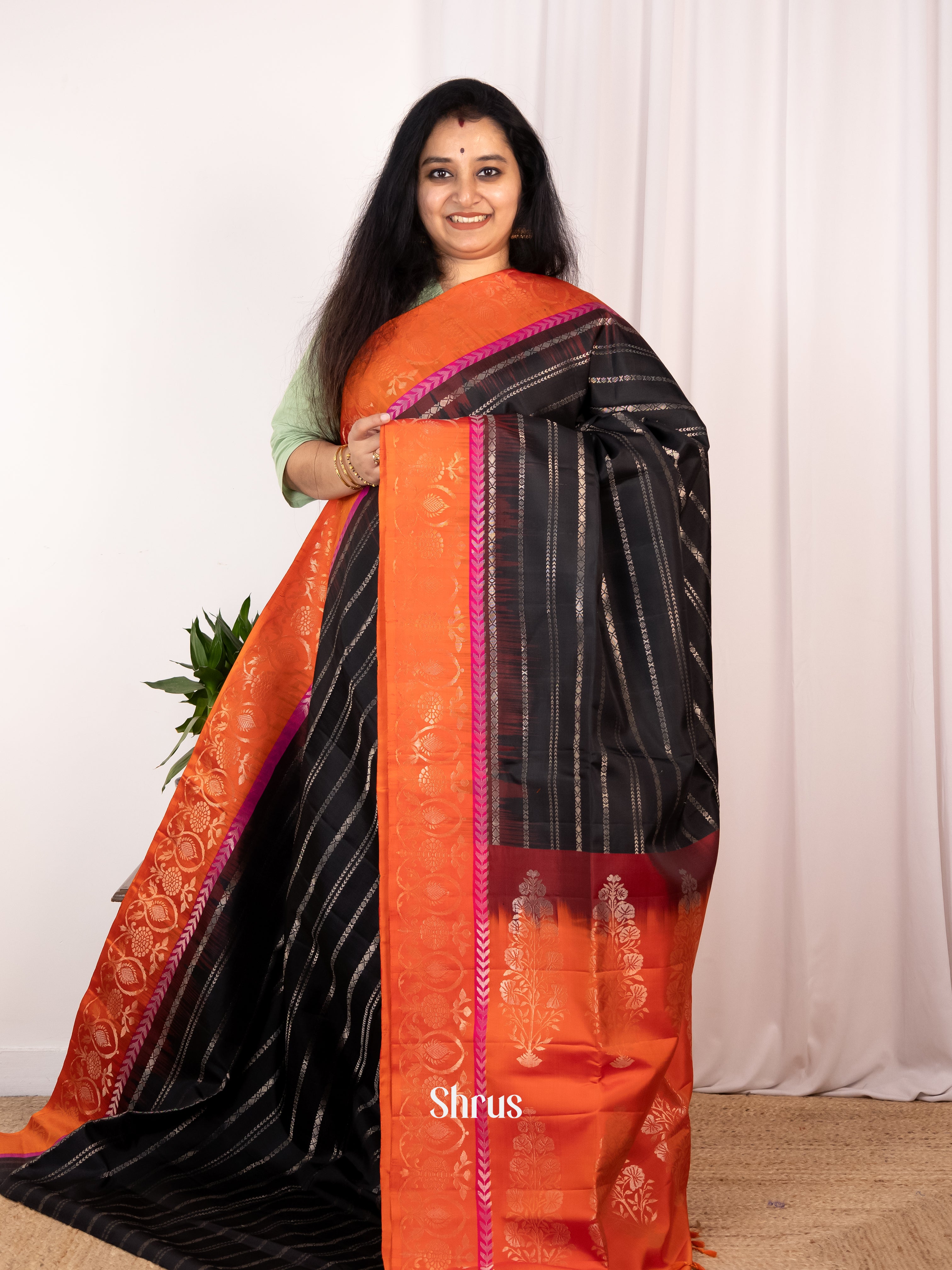 Black & Orange- Soft Silk Saree - Shop on Shrus.com