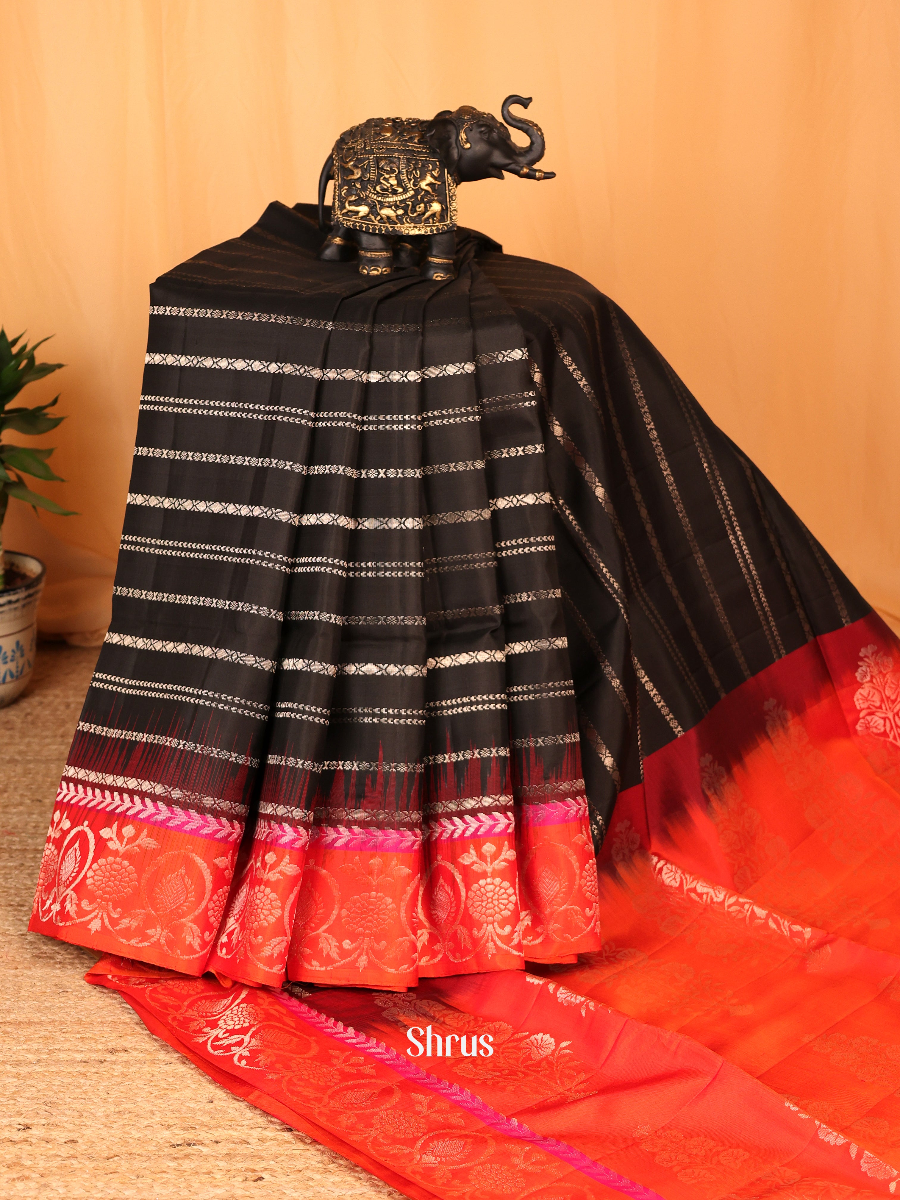 Black & Orange- Soft Silk Saree - Shop on Shrus.com
