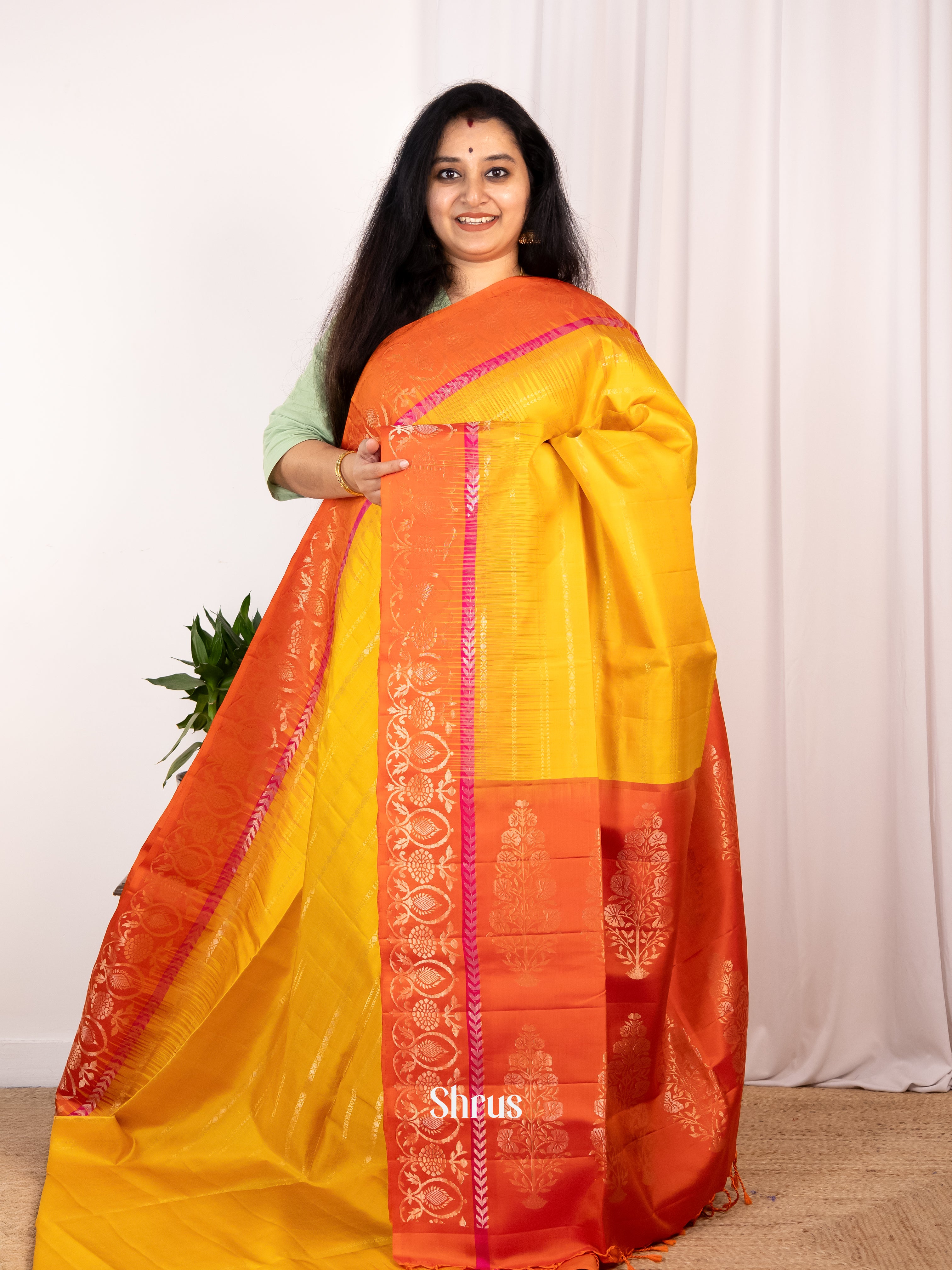 Yellow & Orange - Soft Silk Saree - Shop on Shrus.com