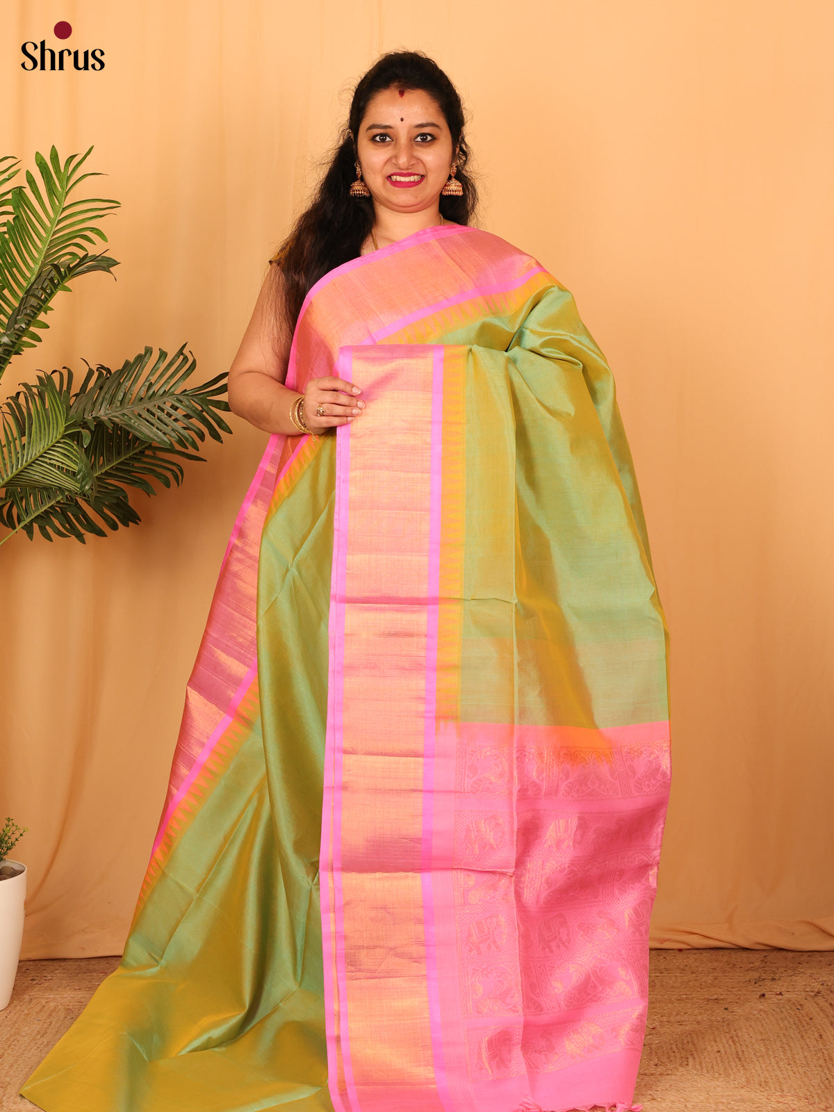 Green & Pink - Silk Cotton Saree - Shop on Shrus.com