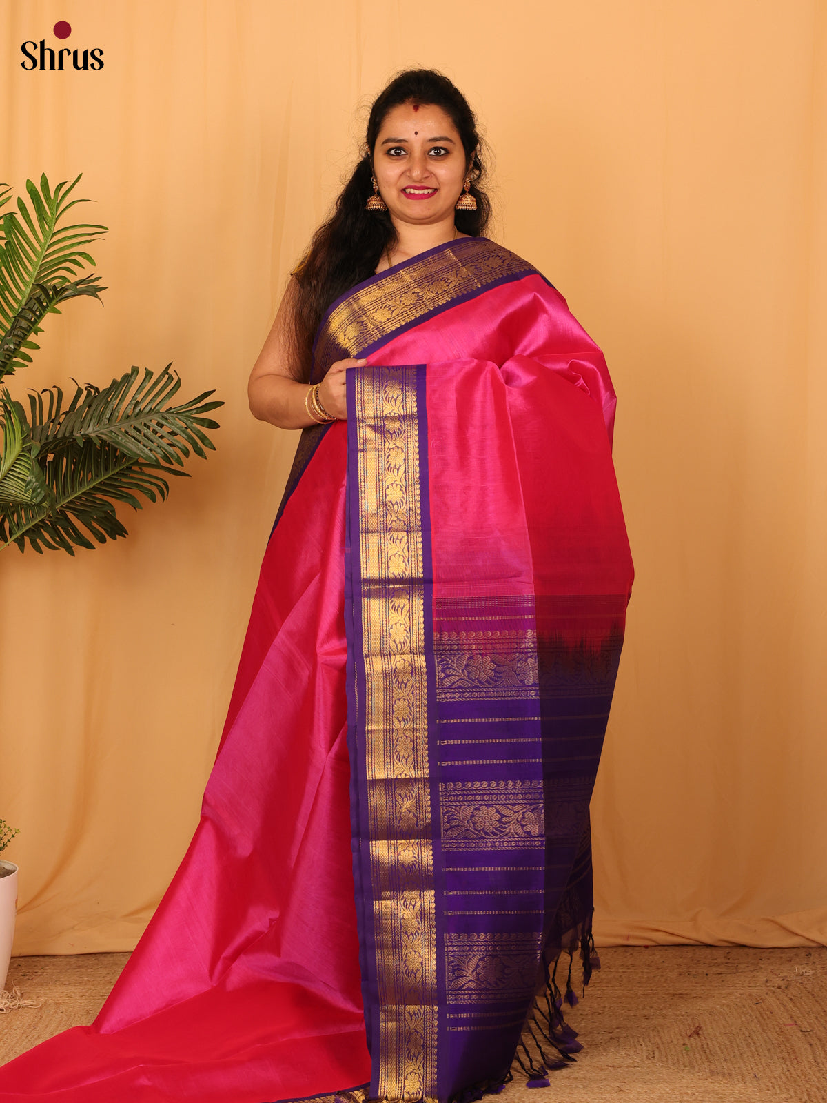 Pink & Violet- Silk Cotton Saree - Shop on Shrus.com