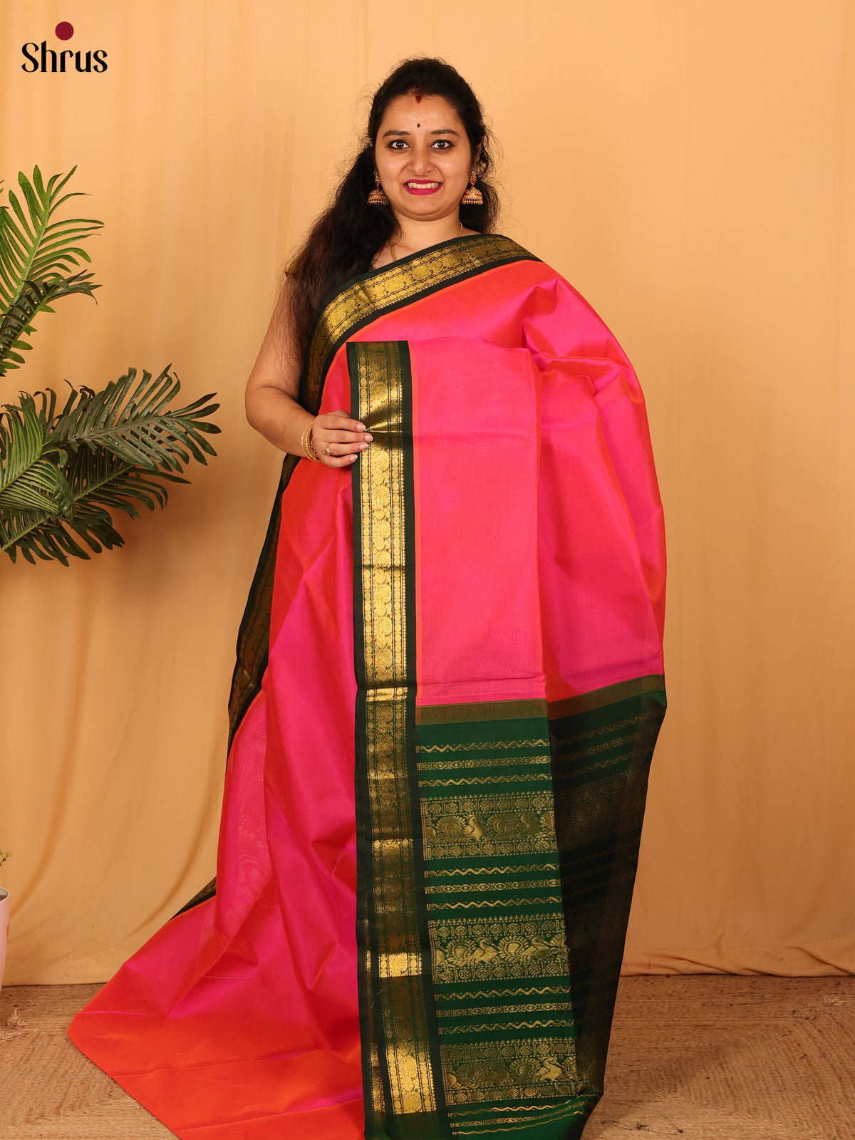 Pink & Green- Silk Cotton Saree - Shop on Shrus.com