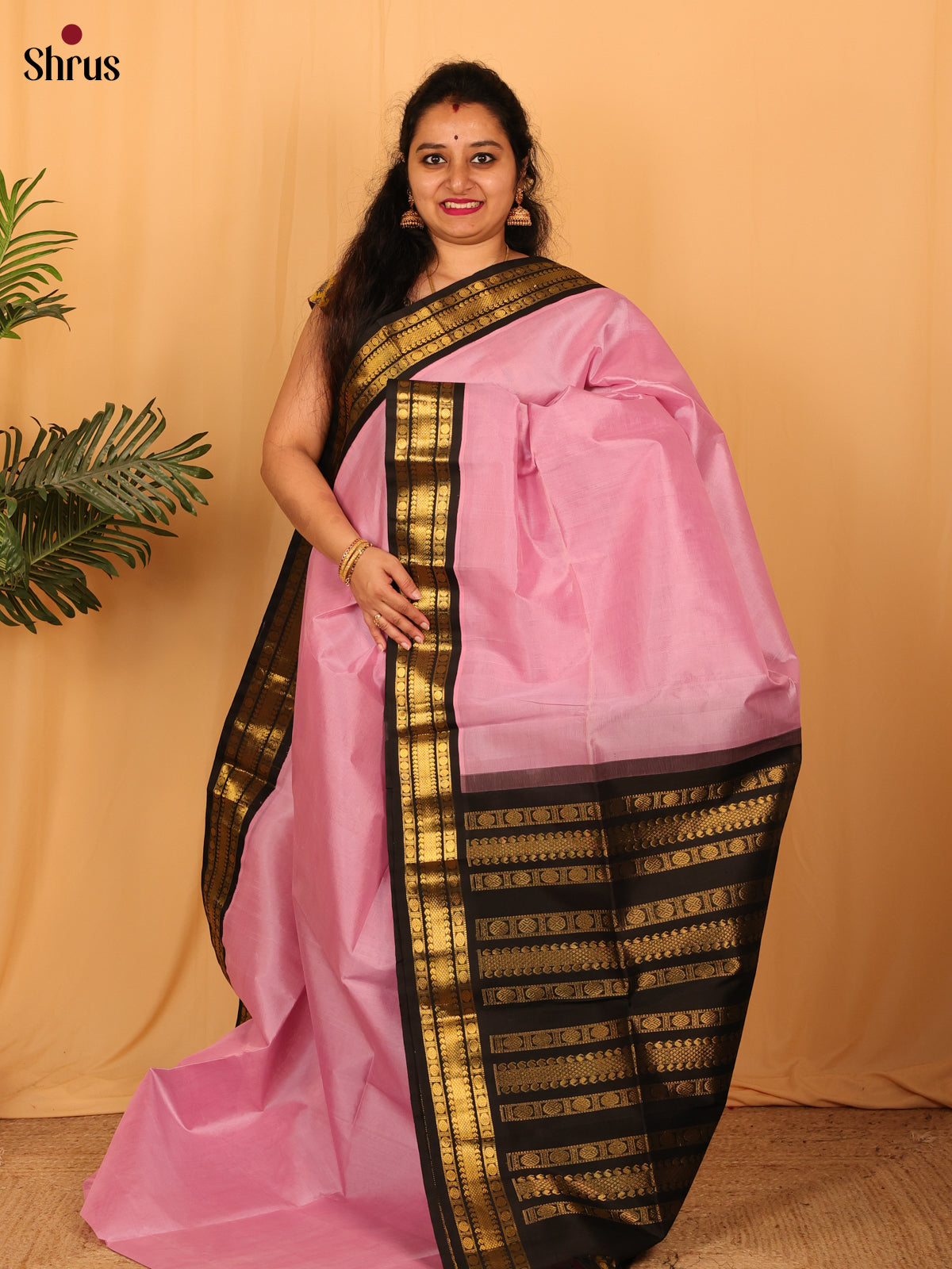 Pink & Black - Silk Cotton Saree - Shop on Shrus.com