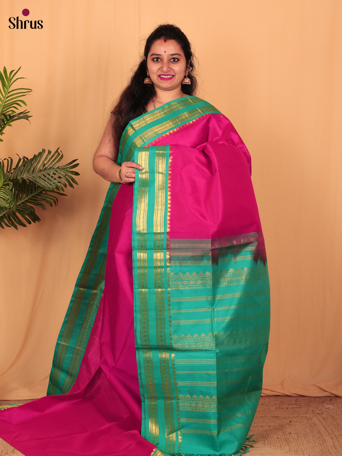 Deep Pink & Green- Silk Cotton Saree - Shop on Shrus.com