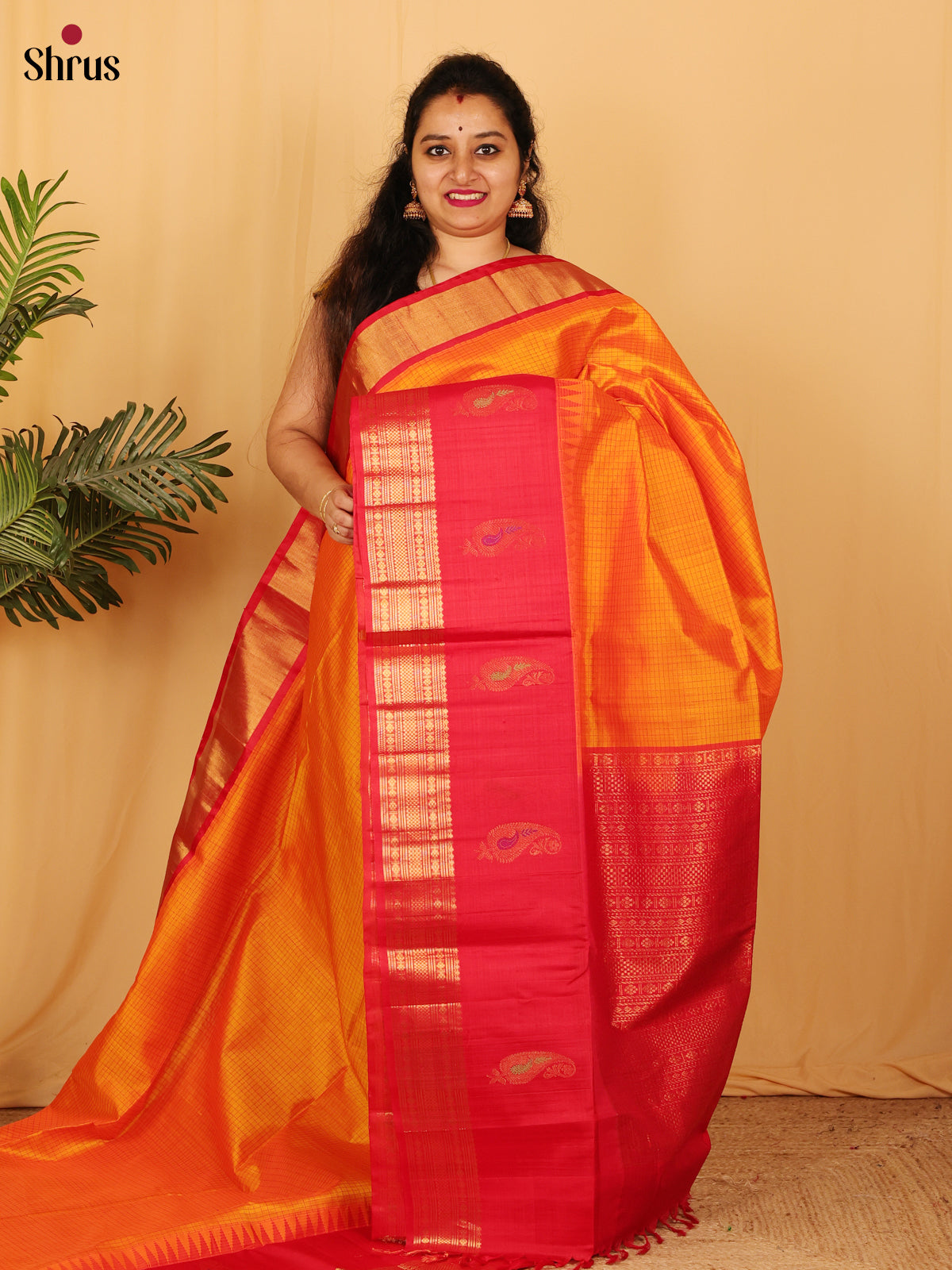 Vibrant Orange And Red Silk Cotton Saree With Intricately Woven Checks Across The Body And Manga Motifs in The Border - Shop on Shrus.com
