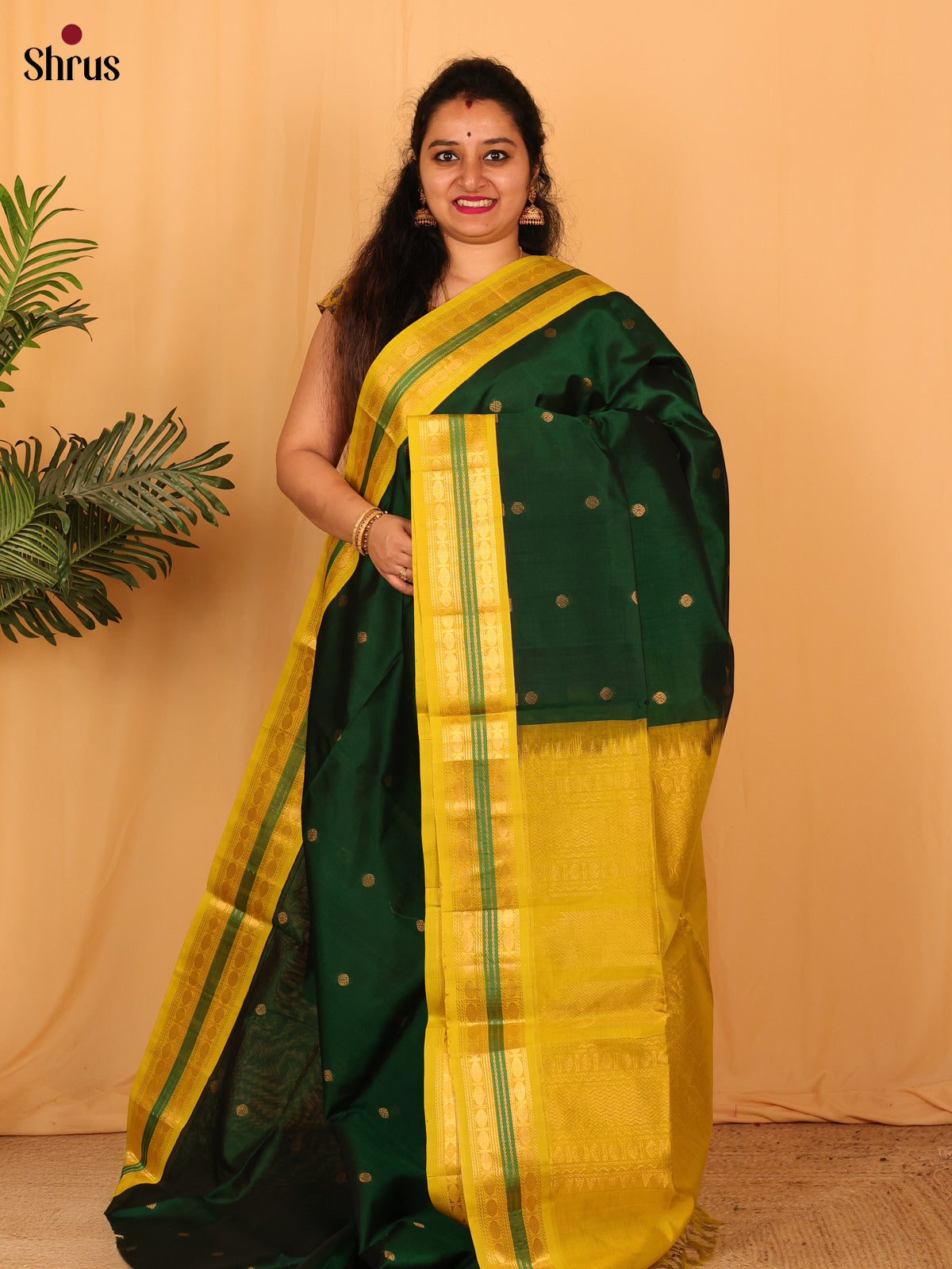 Dark Green & Mustard - Silk Cotton Saree - Shop on Shrus.com