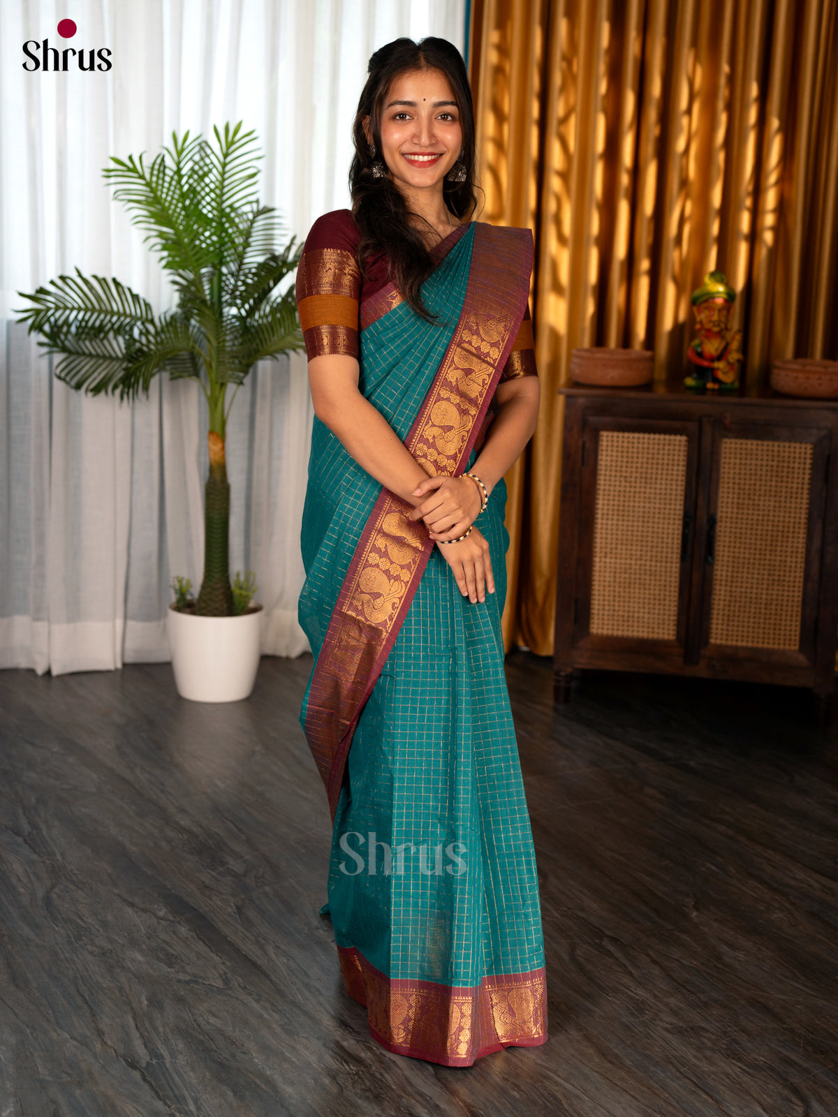 Blue & Brown - Chettinad Cotton Saree - Shop on Shrus.com