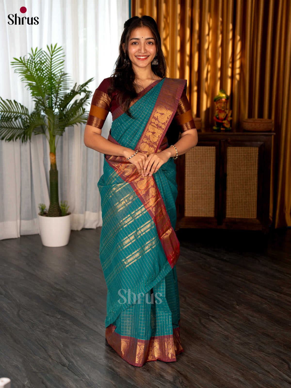 Blue & Brown - Chettinad Cotton Saree - Shop on Shrus.com