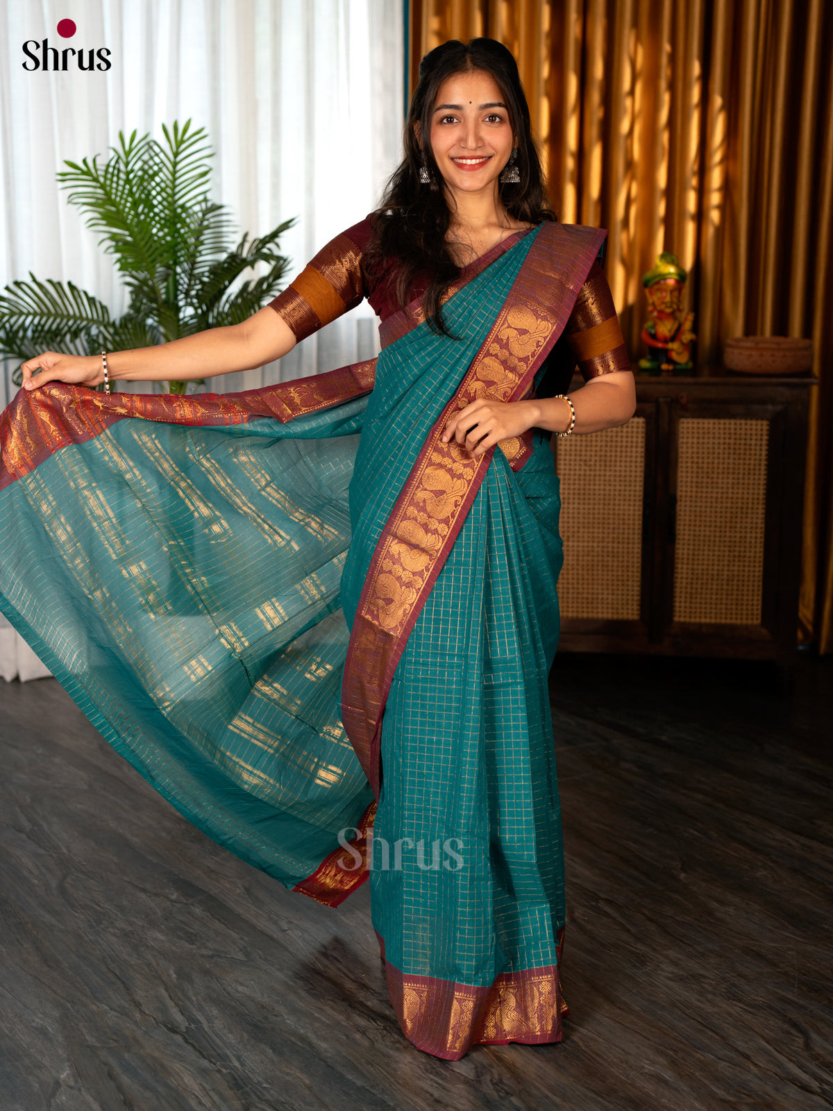 Blue & Brown - Chettinad Cotton Saree - Shop on Shrus.com