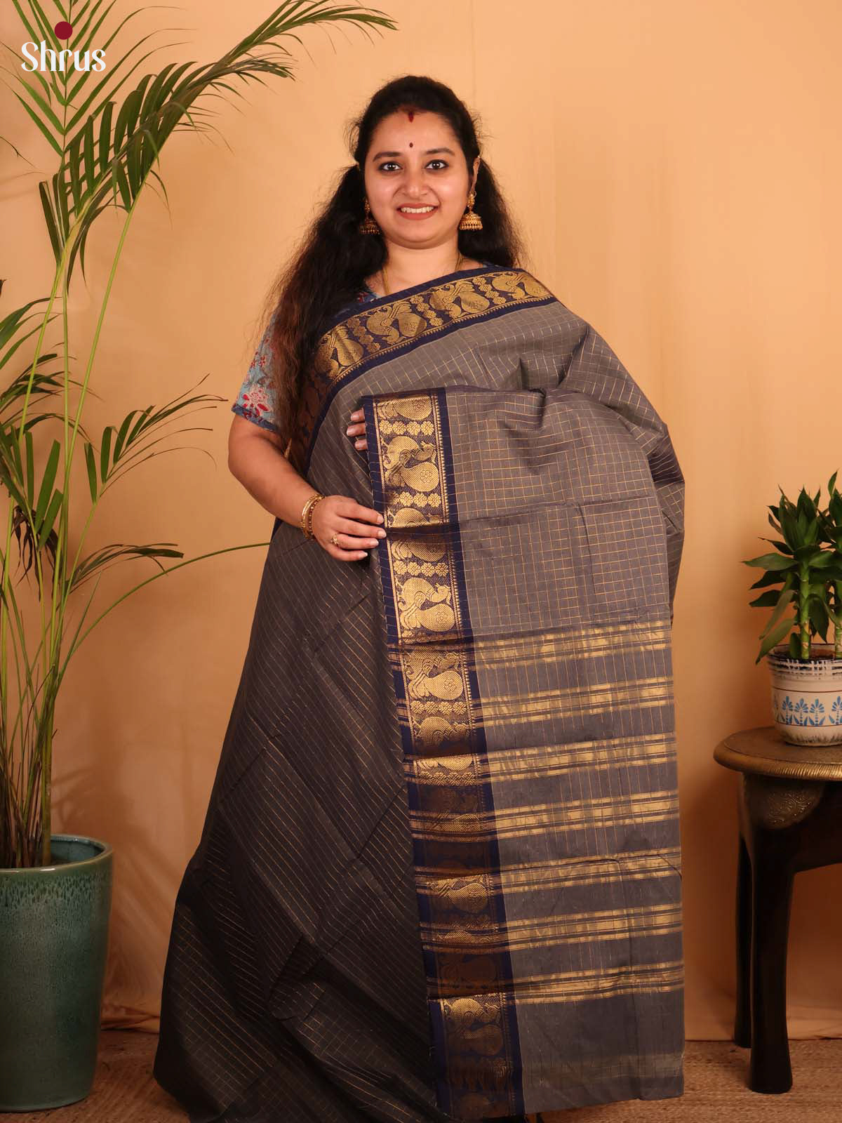 Grey & Blue - Chettinad Cotton Saree - Shop on Shrus.com