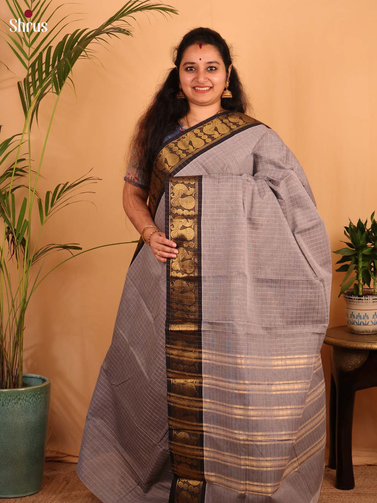 Grey & Black- Chettinad Cotton Saree - Shop on Shrus.com