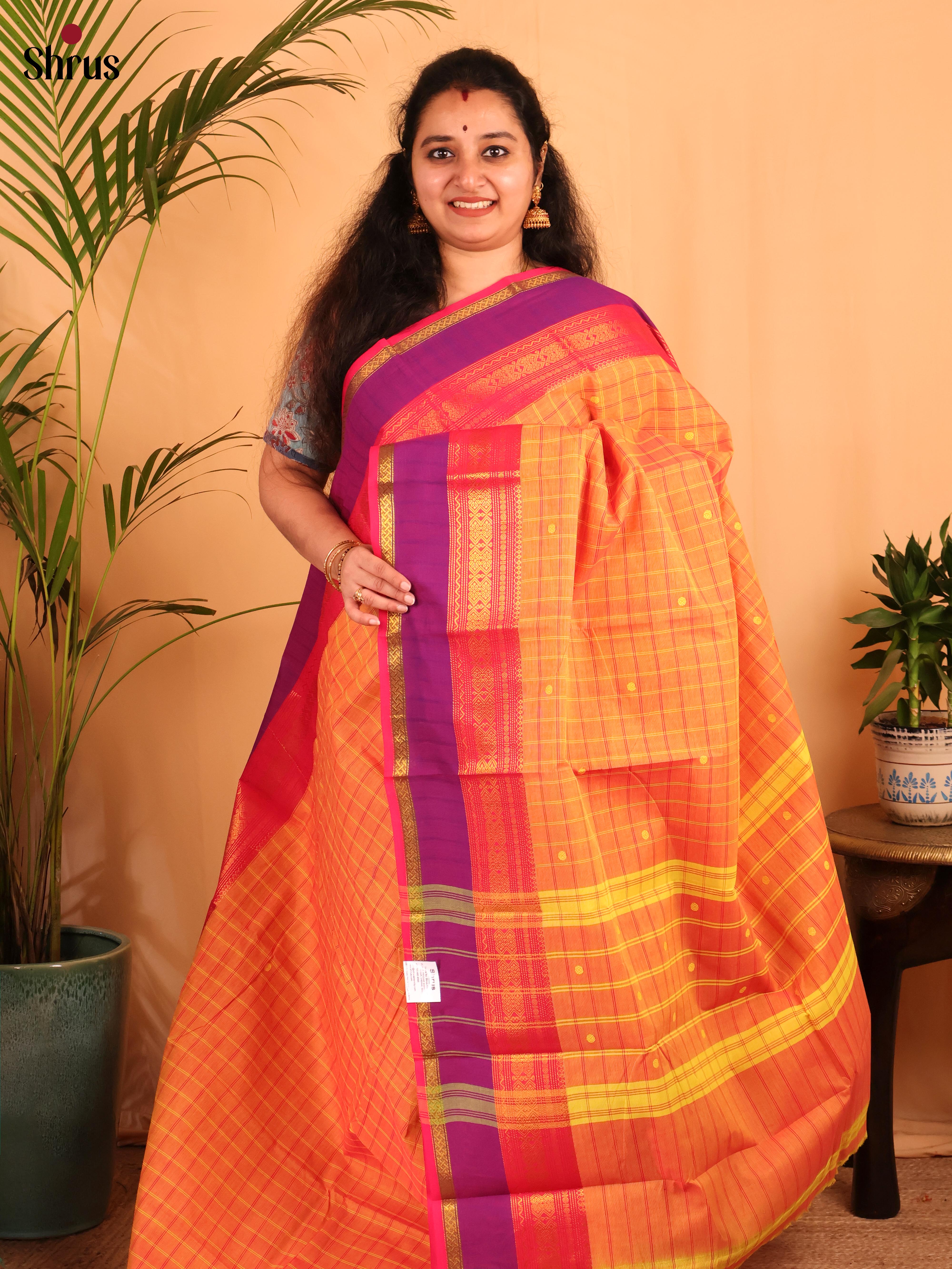 Orange & Pink - Chettinad Cotton Saree - Shop on Shrus.com