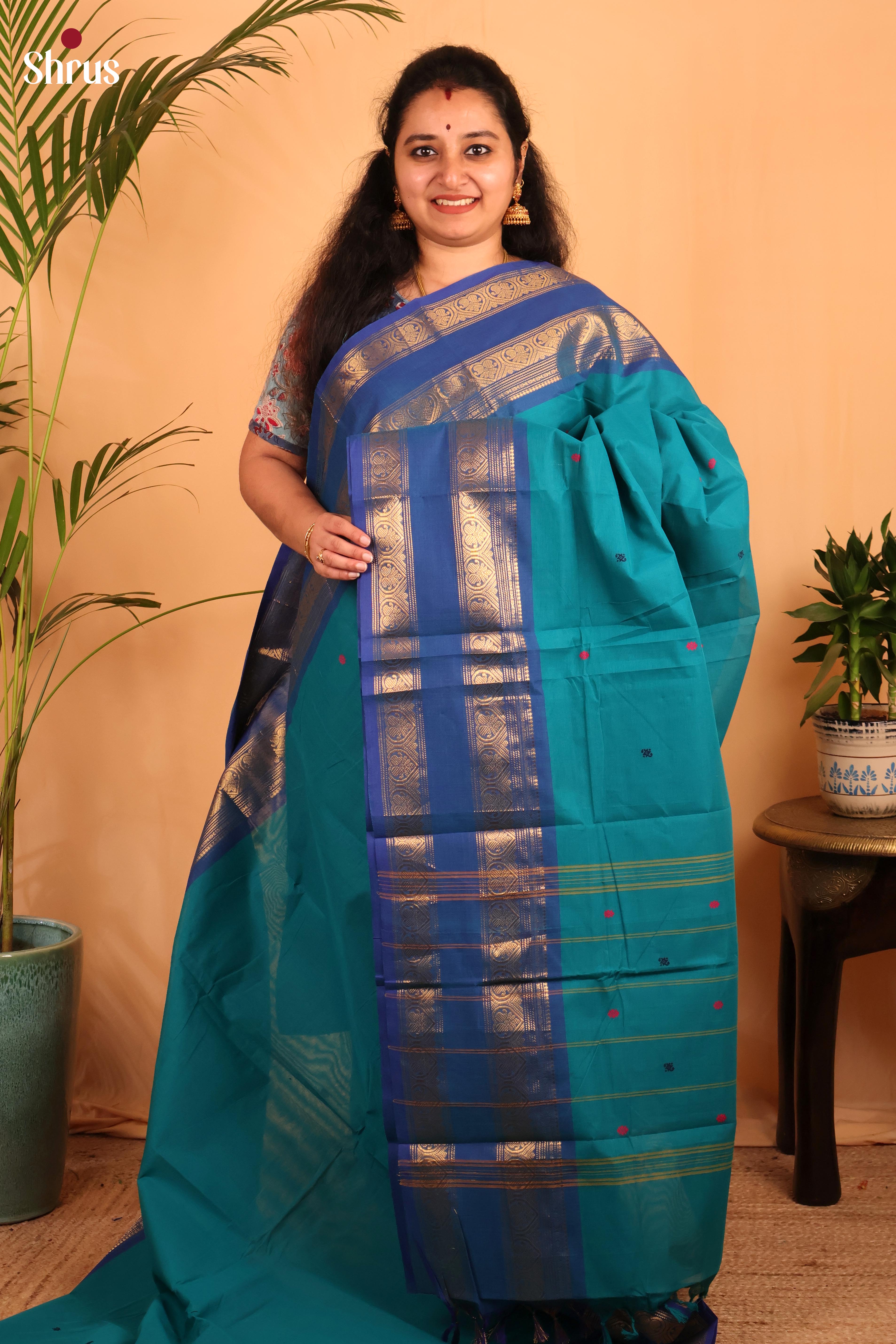Teal & Blue - Chettinad Cotton Saree - Shop on Shrus.com