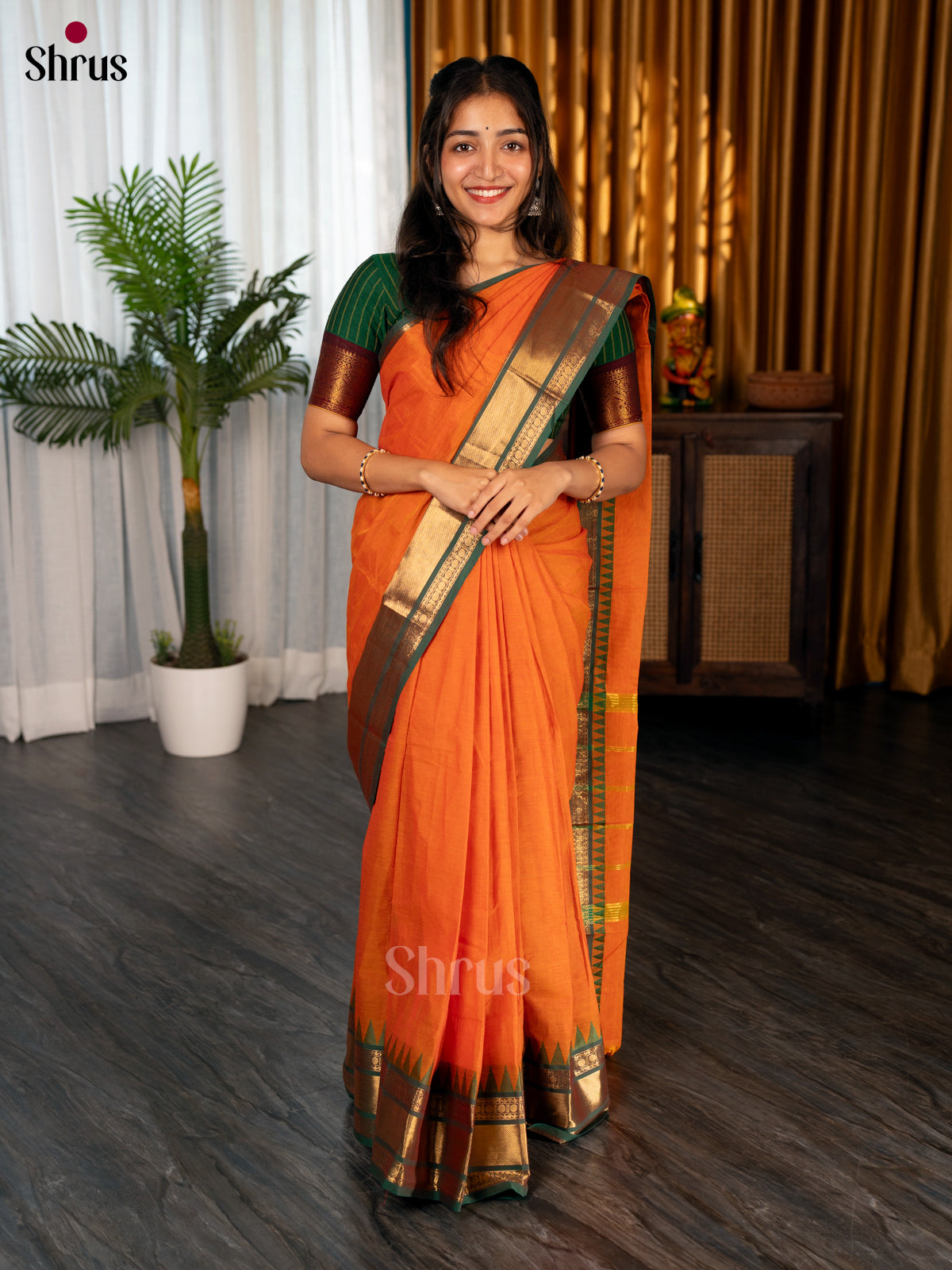Orange & Green- Chettinad cotton - Shop on Shrus.com
