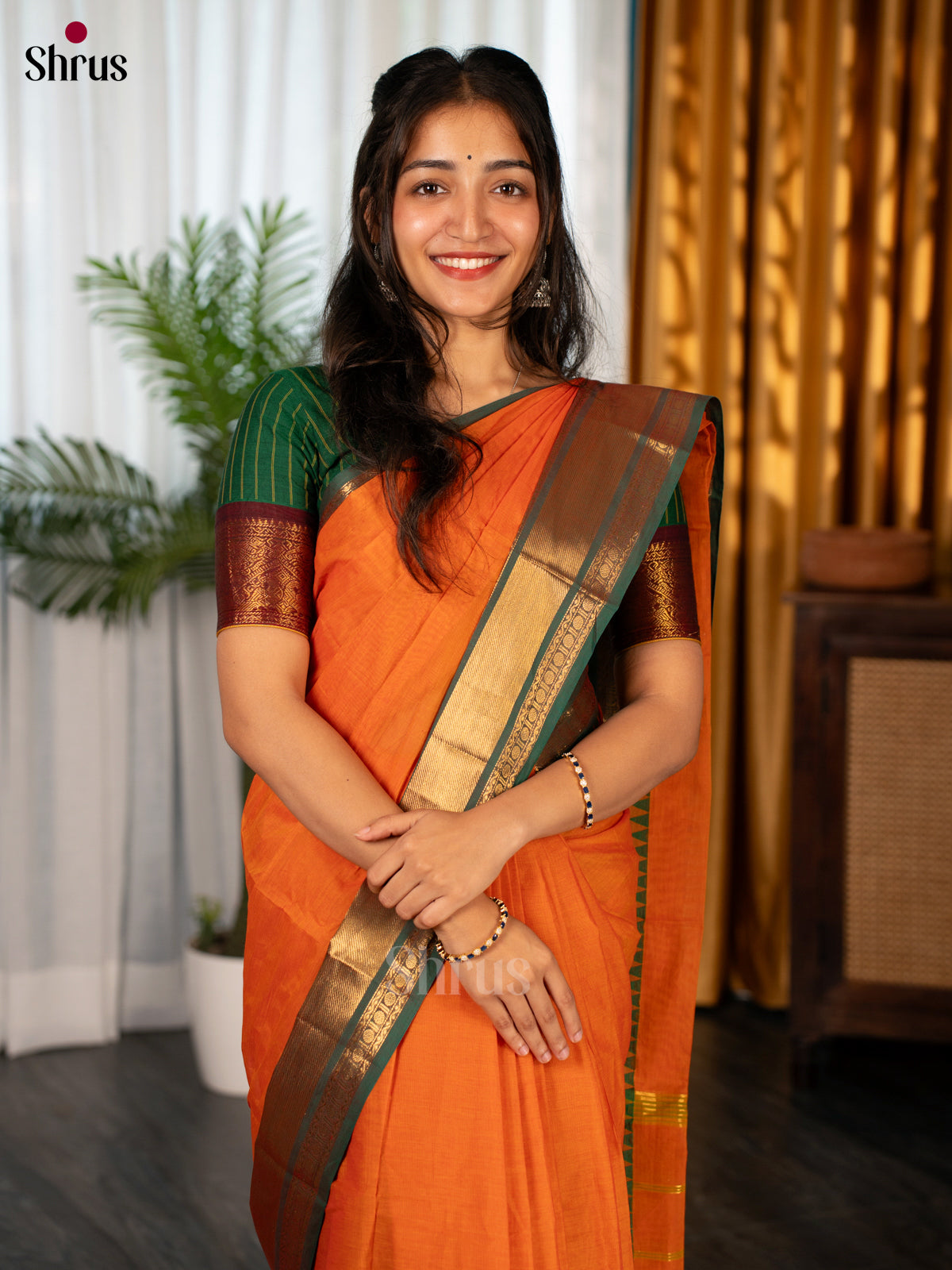 Orange & Green- Chettinad cotton - Shop on Shrus.com